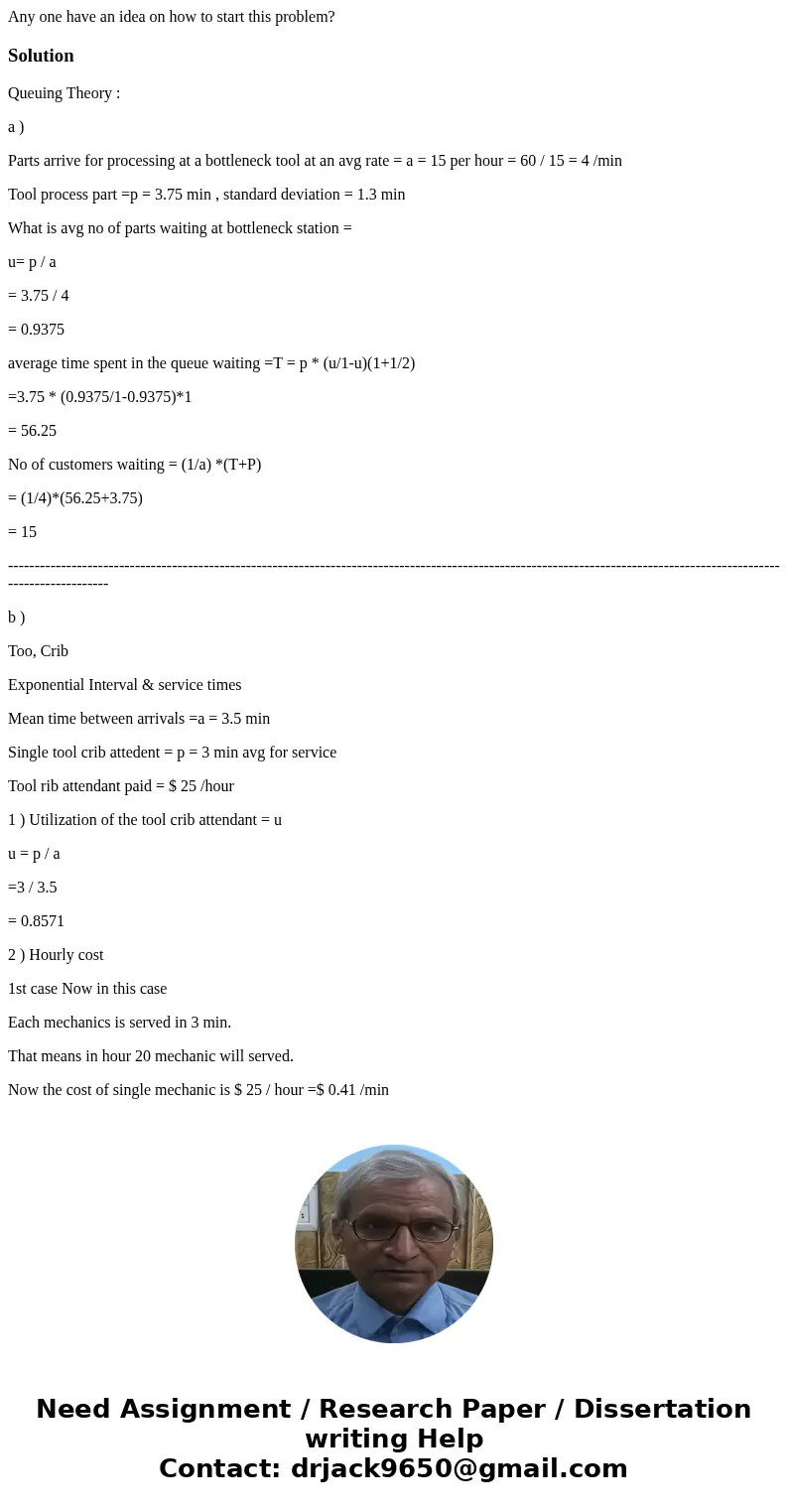 Any one have an idea on how to start this problem?SolutionQueuing Theory : a ) Parts arrive for processing at a bottleneck tool at an avg rate = a = 15 per hour Any one have an idea on how to start this problem?SolutionQueuing Theory : a ) Parts arrive for processing at a bottleneck tool at an avg rate = a = 15 per hour