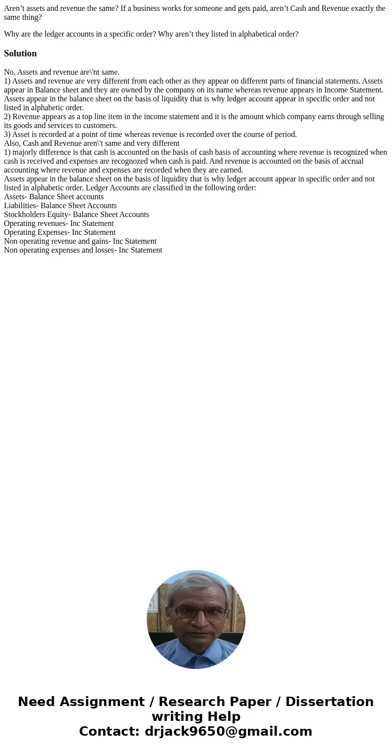 Aren’t assets and revenue the same? If a business works for someone and gets paid, aren’t Cash and Revenue exactly the same thing? Why are the ledger accounts i Aren’t assets and revenue the same? If a business works for someone and gets paid, aren’t Cash and Revenue exactly the same thing? Why are the ledger accounts i
