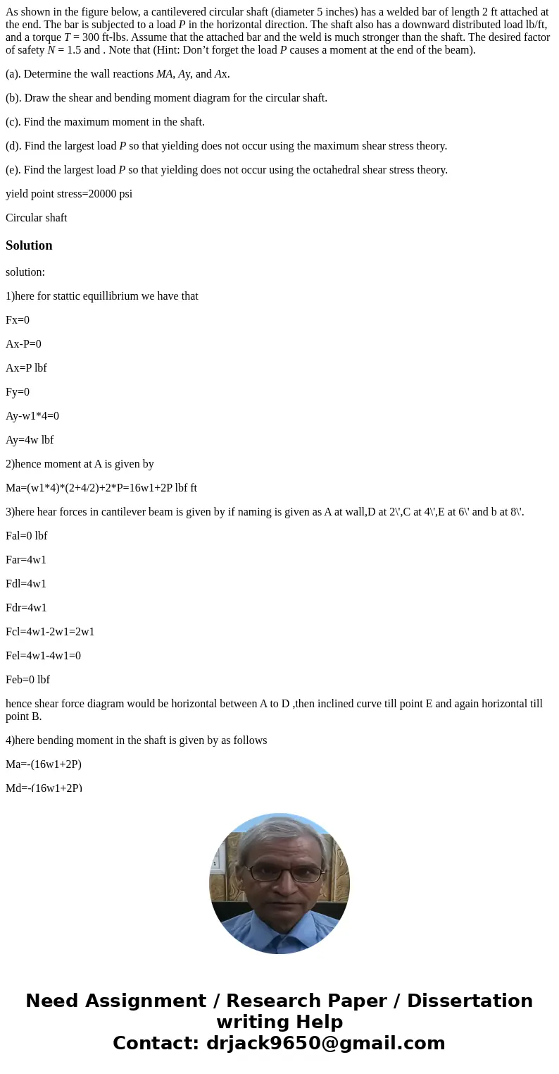 As shown in the figure below, a cantilevered circular shaft (diameter 5 inches) has a welded bar of length 2 ft attached at the end. The bar is subjected to a l As shown in the figure below, a cantilevered circular shaft (diameter 5 inches) has a welded bar of length 2 ft attached at the end. The bar is subjected to a l
