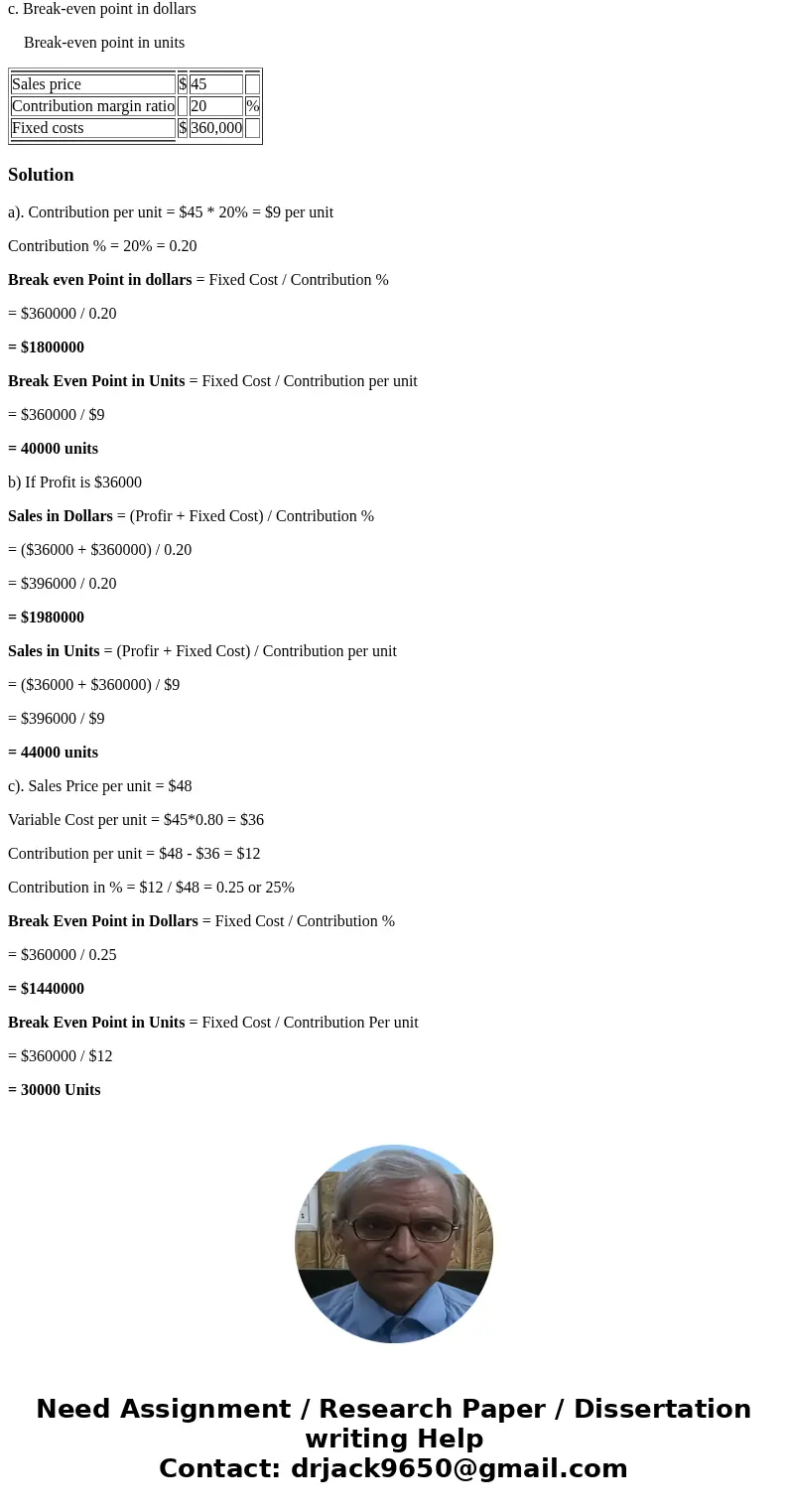 AStuart Company reported the following data regarding the product it sells Sales price $ 45 Contribution margin ratio 20 % Fixed costs $ 360,000 Required Use th