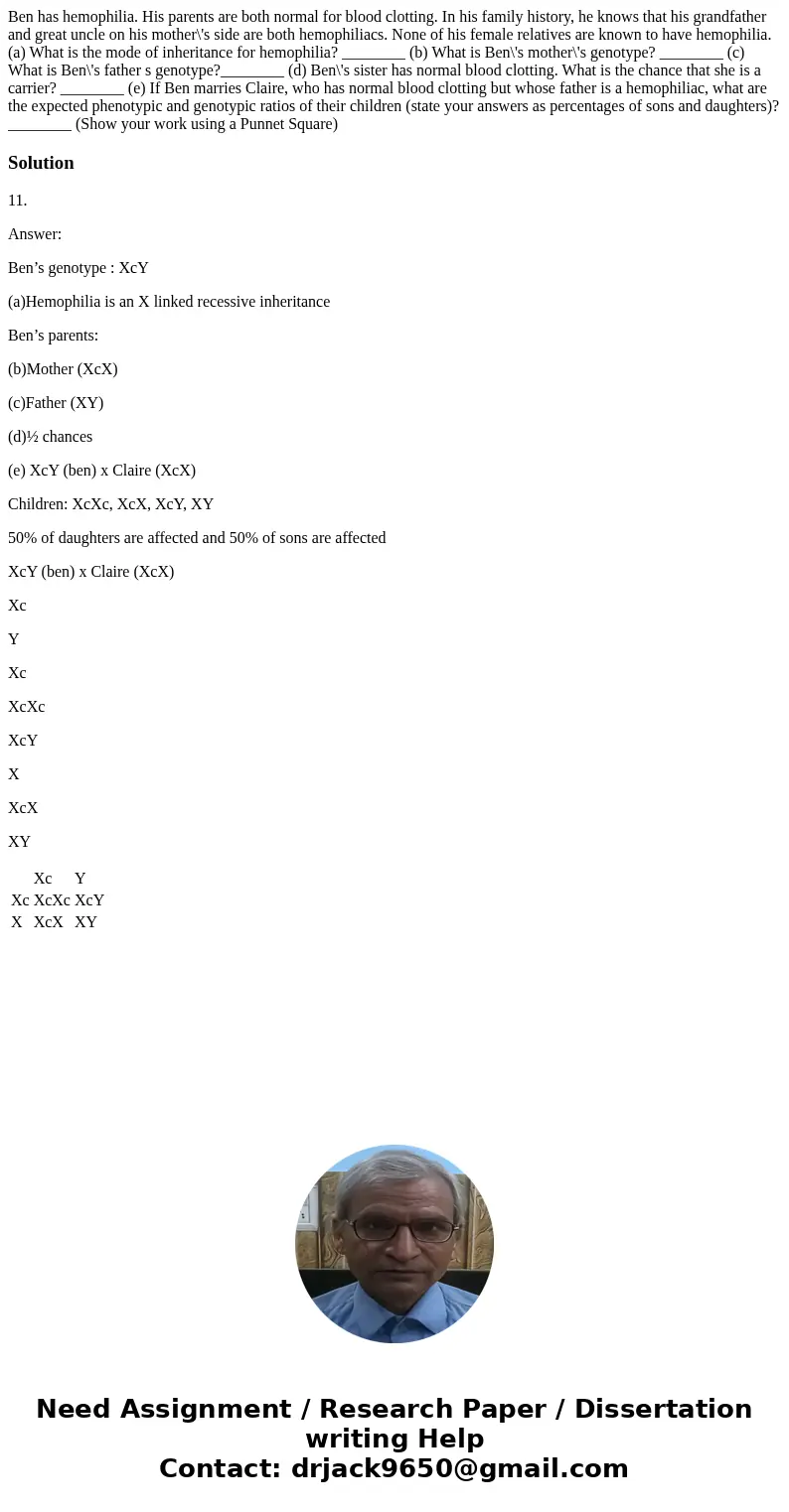 Ben has hemophilia. His parents are both normal for blood clotting. In his family history, he knows that his grandfather and great uncle on his mother\'s side   Ben has hemophilia. His parents are both normal for blood clotting. In his family history, he knows that his grandfather and great uncle on his mother\'s side