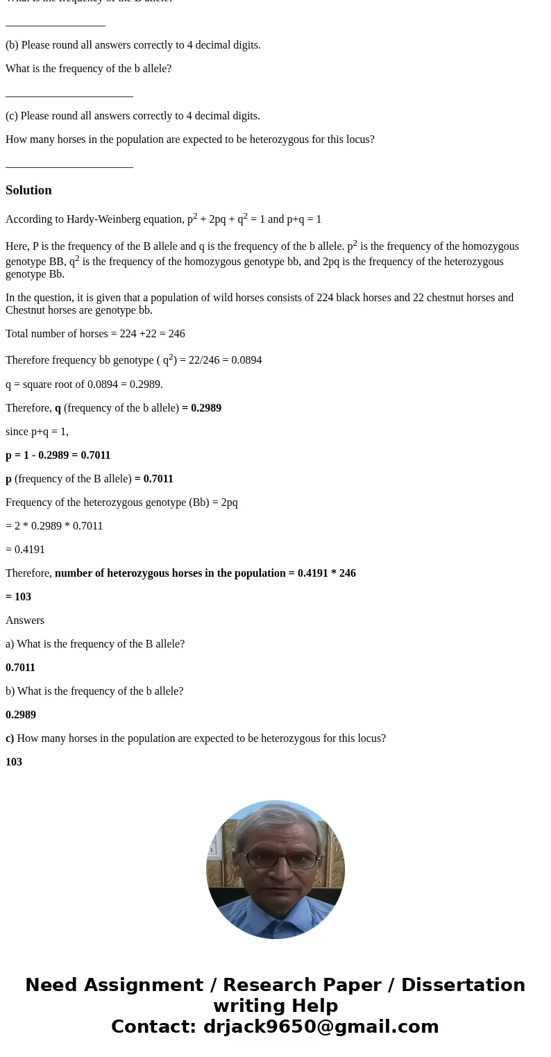 Black coat color in horses is conferred by the presence of a dominant B allele. Chestnut horses are genotype bb. A population of wild horses consists of 224 bla Black coat color in horses is conferred by the presence of a dominant B allele. Chestnut horses are genotype bb. A population of wild horses consists of 224 bla