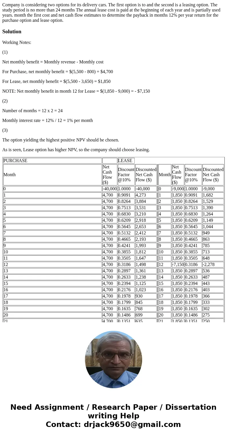  Company is considering two options for its delivery cars. The first option is to and the second is a leasing option. The study period is no more than 24 months