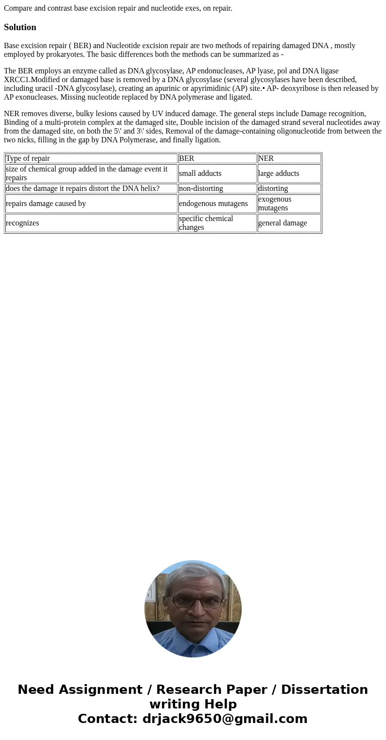 Compare and contrast base excision repair and nucleotide exes, on repair.SolutionBase excision repair ( BER) and Nucleotide excision repair are two methods of   Compare and contrast base excision repair and nucleotide exes, on repair.SolutionBase excision repair ( BER) and Nucleotide excision repair are two methods of