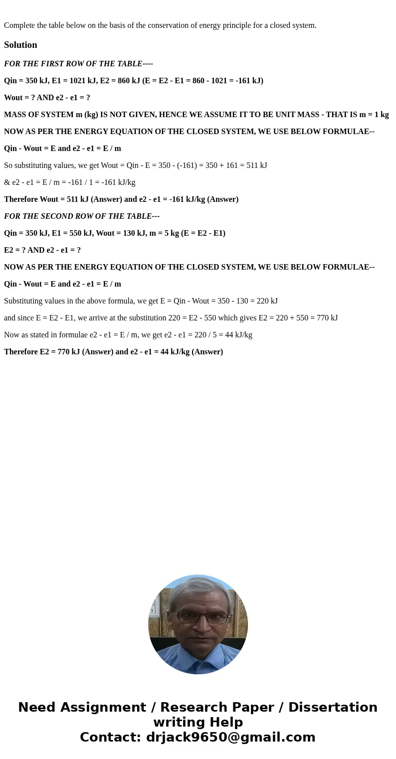  Complete the table below on the basis of the conservation of energy principle for a closed system. SolutionFOR THE FIRST ROW OF THE TABLE---- Qin = 350 kJ, E1 