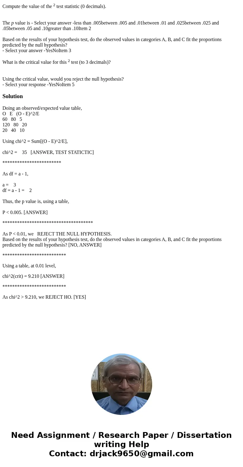 Compute the value of the 2 test statistic (0 decimals). The p value is - Select your answer -less than .005between .005 and .01between .01 and .025between .025 