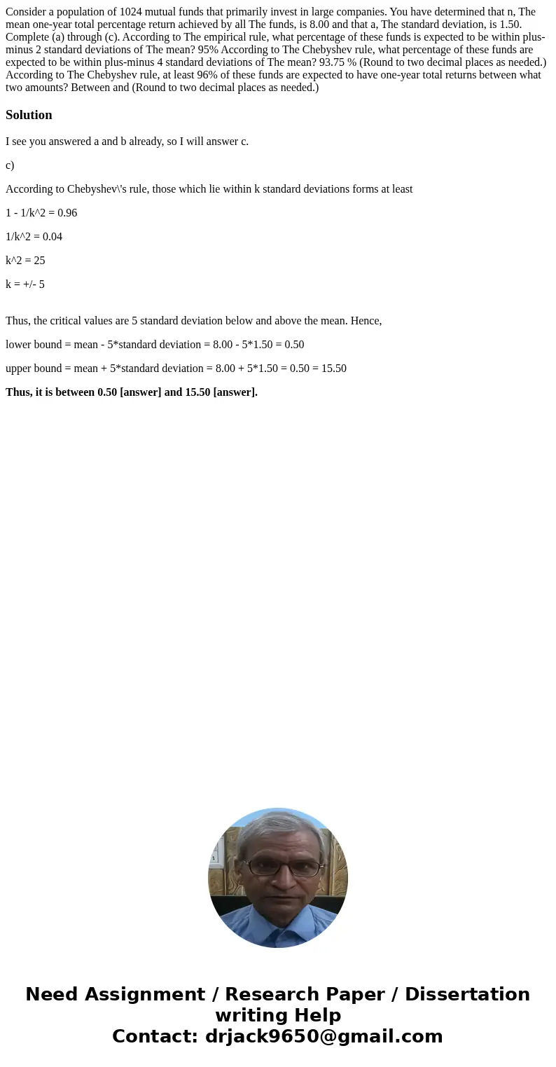 Consider a population of 1024 mutual funds that primarily invest in large companies. You have determined that n, The mean one-year total percentage return achi  Consider a population of 1024 mutual funds that primarily invest in large companies. You have determined that n, The mean one-year total percentage return achi
