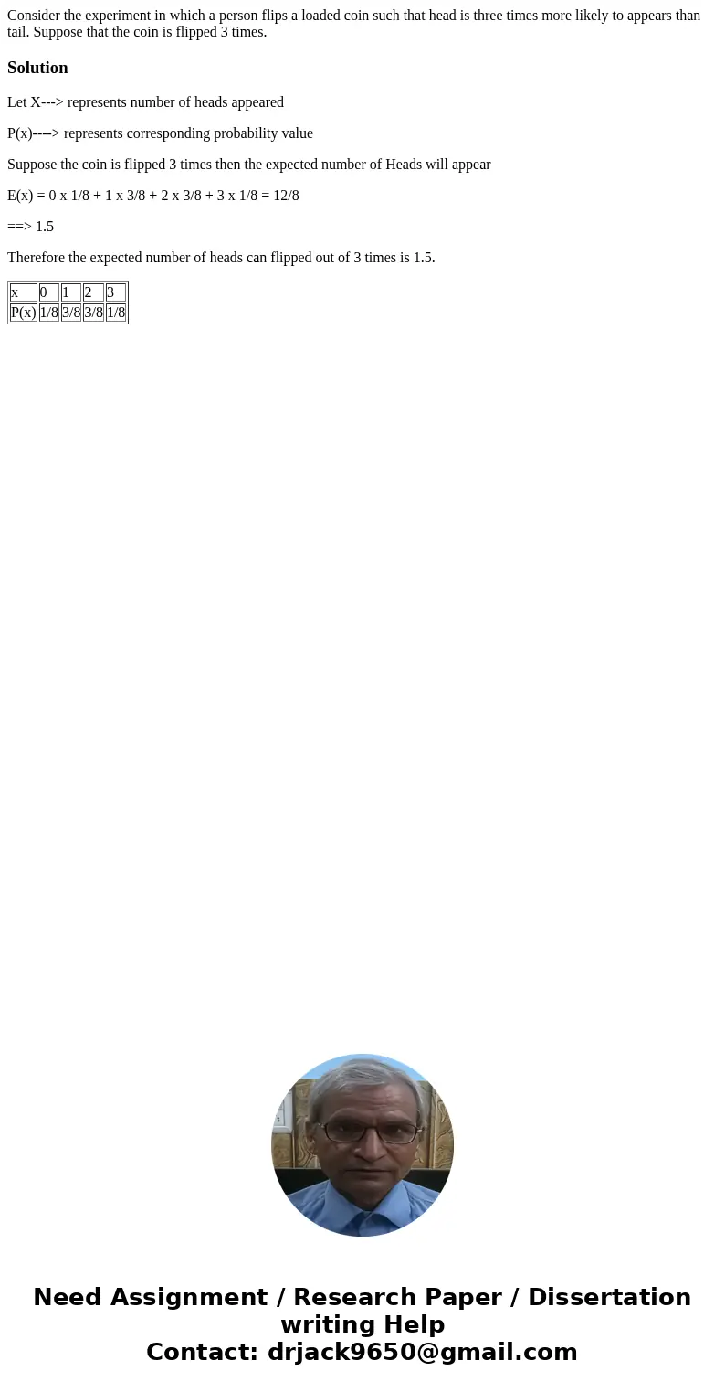 Consider the experiment in which a person flips a loaded coin such that head is three times more likely to appears than tail. Suppose that the coin is flipped 3