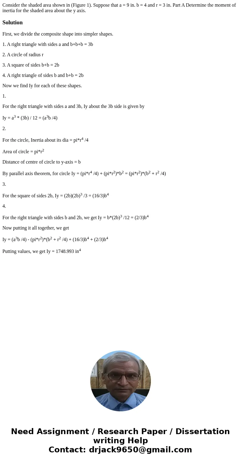 Consider the shaded area shown in (Figure 1). Suppose that a = 9 in. b = 4 and r = 3 in. Part A Determine the moment of inertia for the shaded area about the y  Consider the shaded area shown in (Figure 1). Suppose that a = 9 in. b = 4 and r = 3 in. Part A Determine the moment of inertia for the shaded area about the y