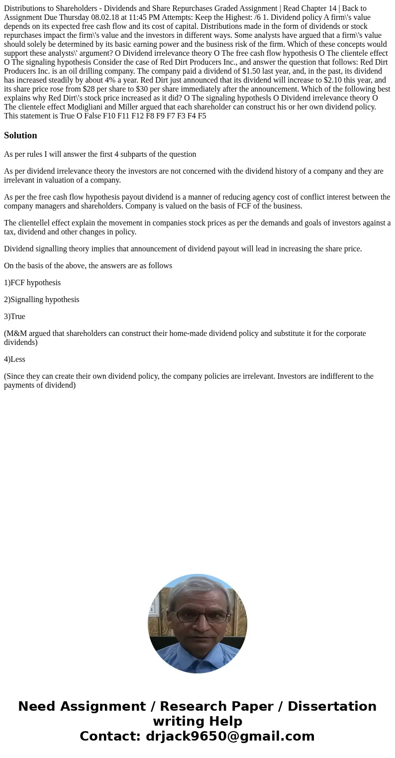  Distributions to Shareholders - Dividends and Share Repurchases Graded Assignment | Read Chapter 14 | Back to Assignment Due Thursday 08.02.18 at 11:45 PM Atte