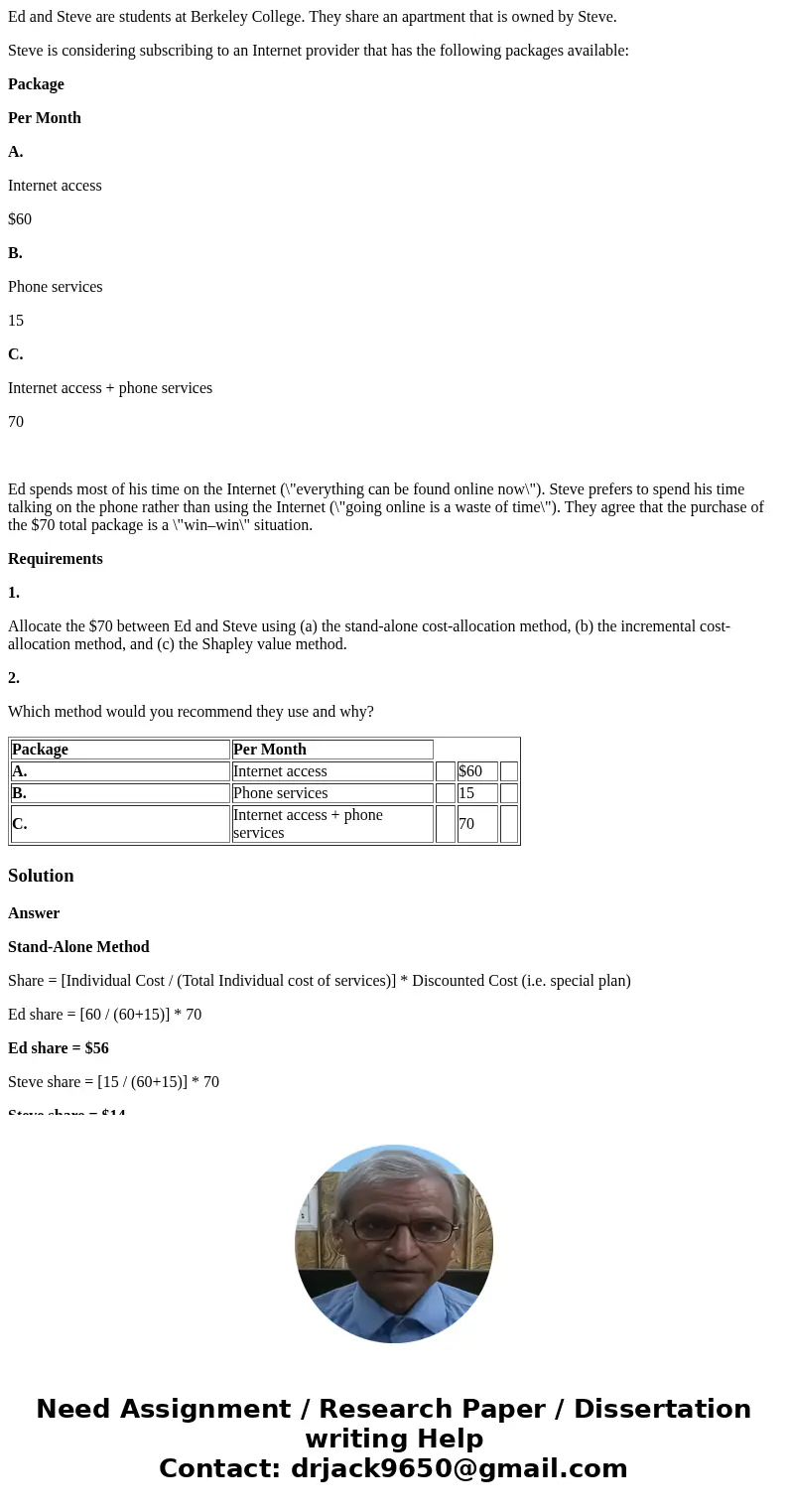 Ed and Steve are students at Berkeley College. They share an apartment that is owned by Steve. Steve is considering subscribing to an Internet provider that has