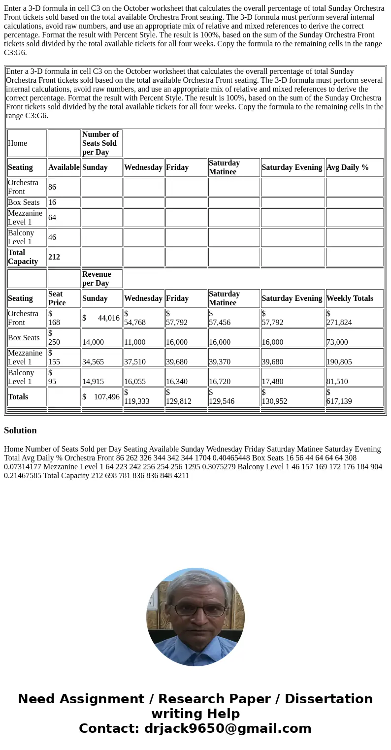 Enter a 3-D formula in cell C3 on the October worksheet that calculates the overall percentage of total Sunday Orchestra Front tickets sold based on the total a