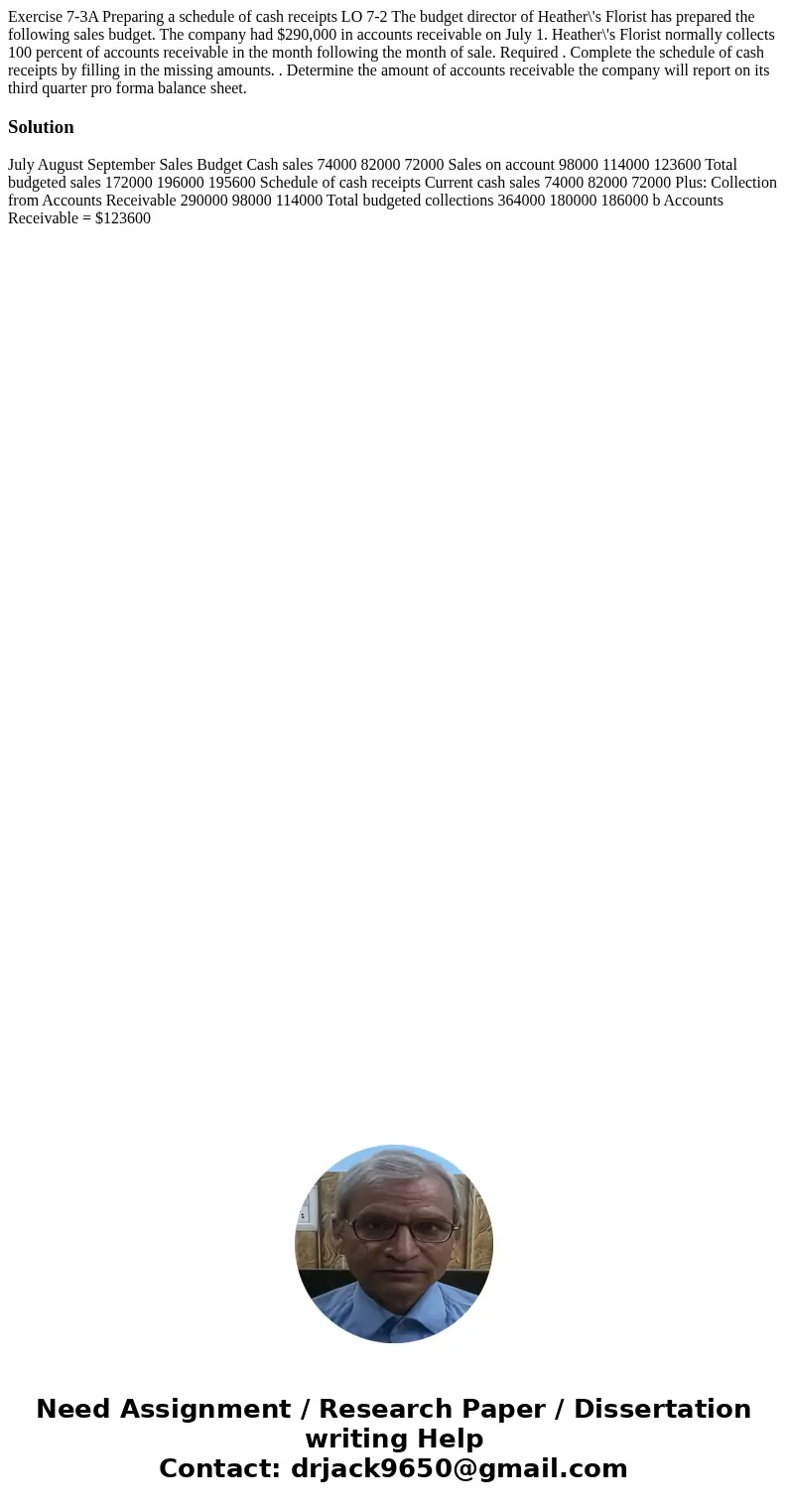 Exercise 7-3A Preparing a schedule of cash receipts LO 7-2 The budget director of Heather\'s Florist has prepared the following sales budget. The company had $  Exercise 7-3A Preparing a schedule of cash receipts LO 7-2 The budget director of Heather\'s Florist has prepared the following sales budget. The company had $