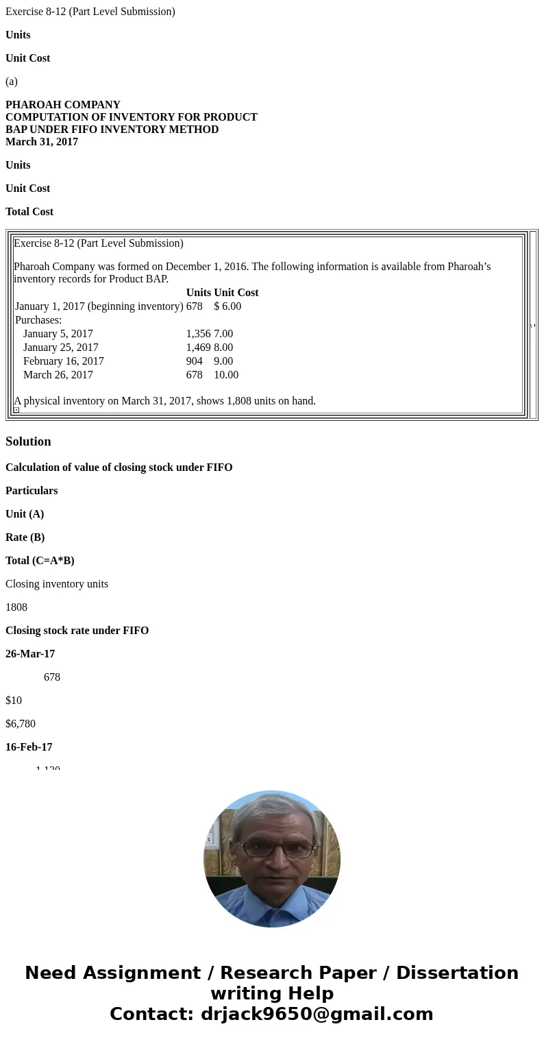 Exercise 8-12 (Part Level Submission) Units Unit Cost (a) PHAROAH COMPANY COMPUTATION OF INVENTORY FOR PRODUCT BAP UNDER FIFO INVENTORY METHOD March 31, 2017 Un