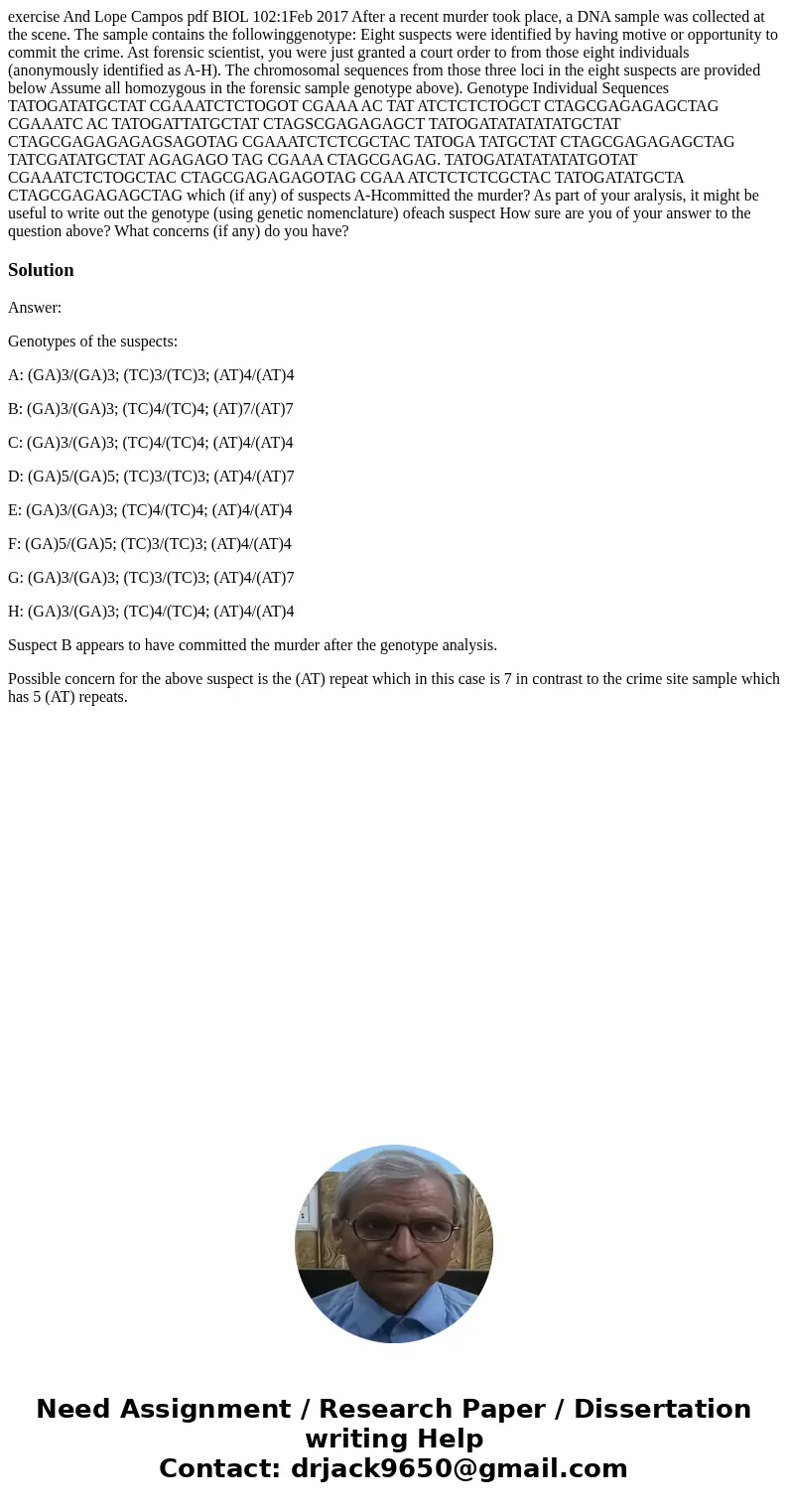exercise And Lope Campos pdf BIOL 102:1Feb 2017 After a recent murder took place, a DNA sample was collected at the scene. The sample contains the followinggen  exercise And Lope Campos pdf BIOL 102:1Feb 2017 After a recent murder took place, a DNA sample was collected at the scene. The sample contains the followinggen