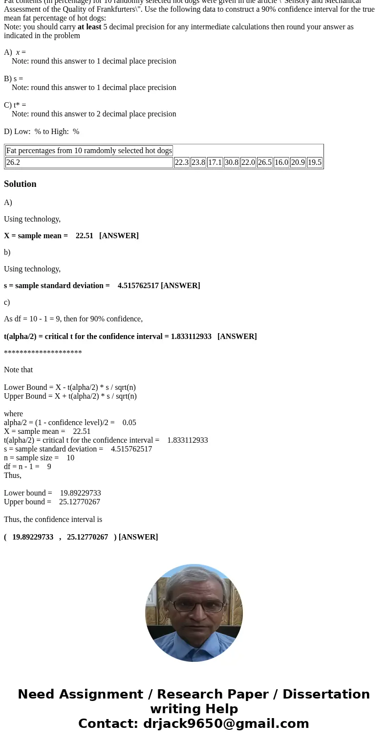  Fat contents (in percentage) for 10 randomly selected hot dogs were given in the article \