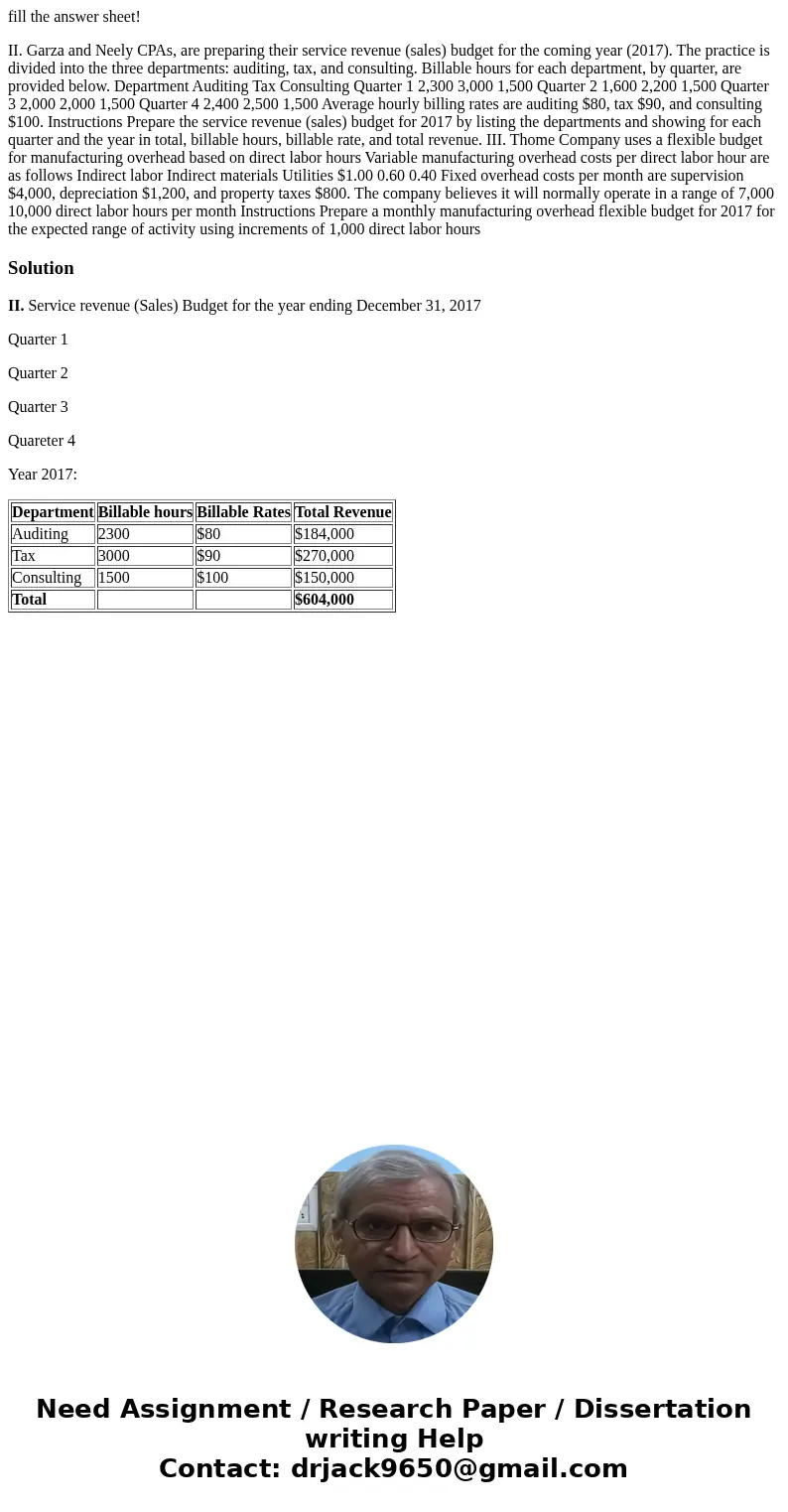 fill the answer sheet! II. Garza and Neely CPAs, are preparing their service revenue (sales) budget for the coming year (2017). The practice is divided into th  fill the answer sheet! II. Garza and Neely CPAs, are preparing their service revenue (sales) budget for the coming year (2017). The practice is divided into th