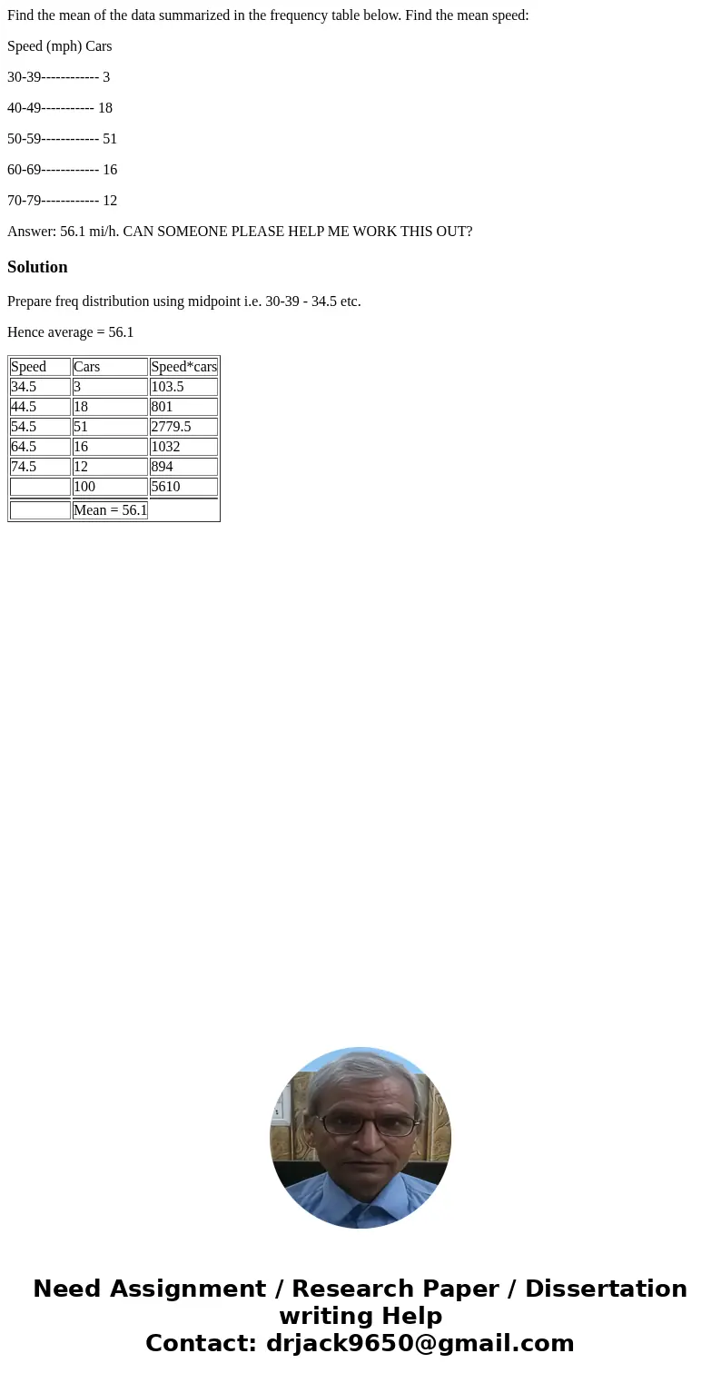 Find the mean of the data summarized in the frequency table below. Find the mean speed: Speed (mph) Cars 30-39------------ 3 40-49----------- 18 50-59----------