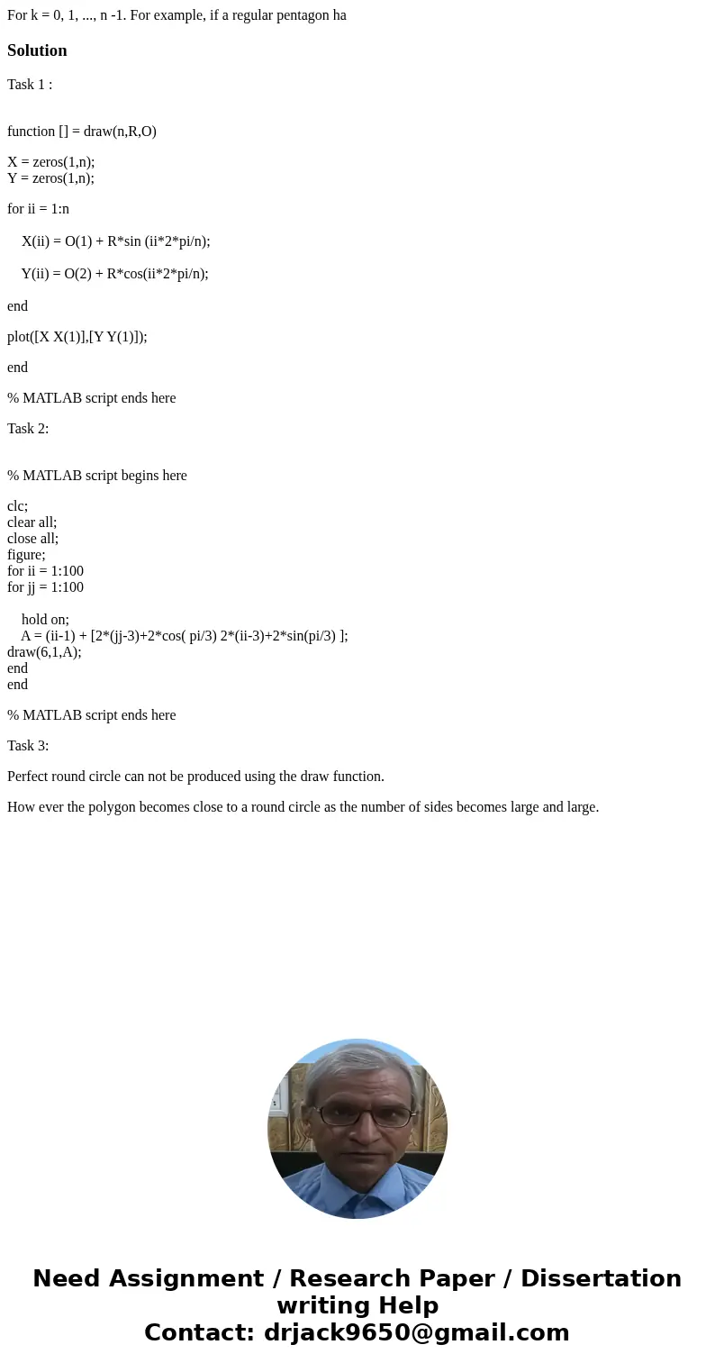  For k = 0, 1, ..., n -1. For example, if a regular pentagon haSolutionTask 1 : function [] = draw(n,R,O) X = zeros(1,n); Y = zeros(1,n); for ii = 1:n X(ii) = O
