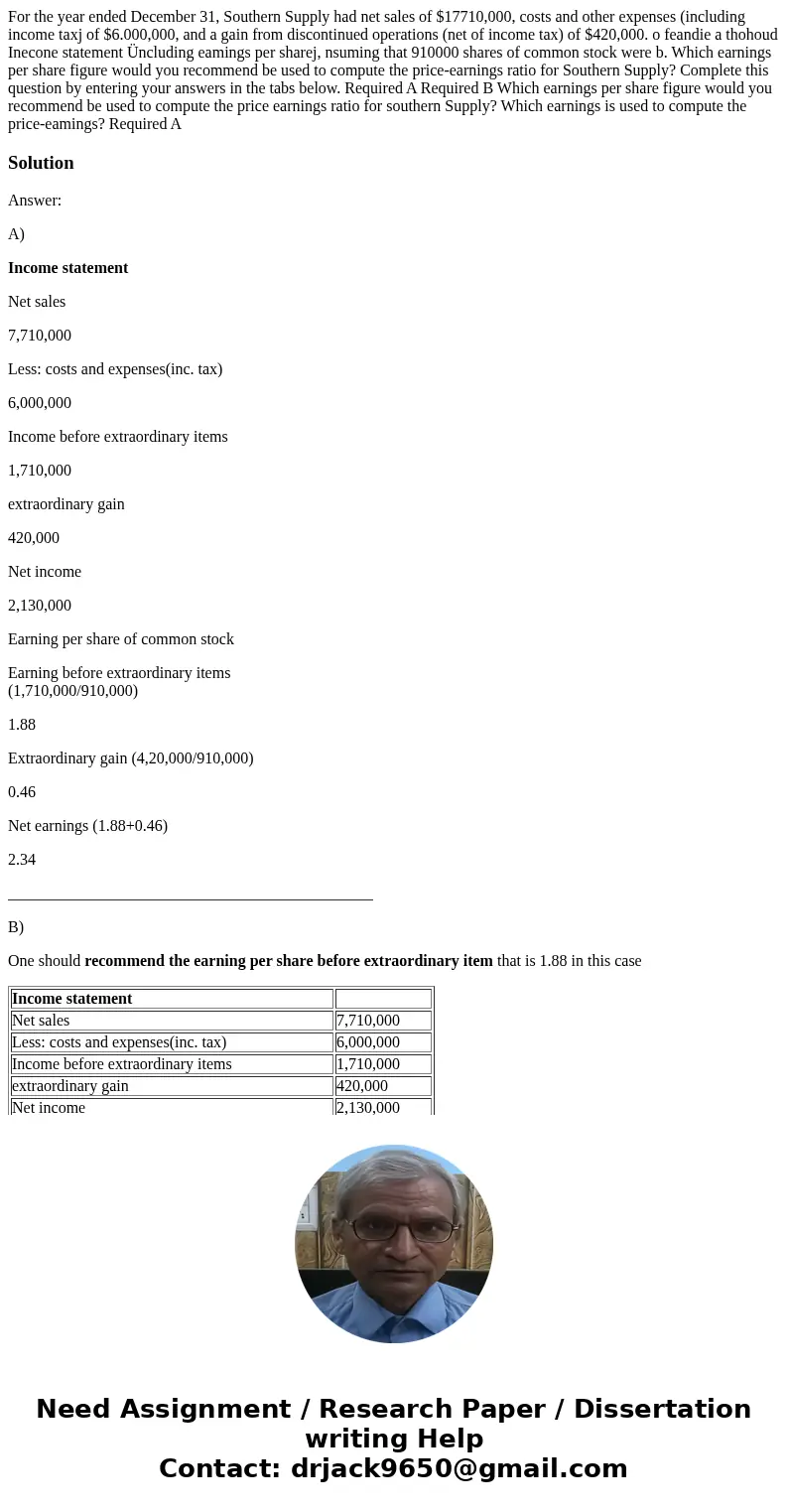  For the year ended December 31, Southern Supply had net sales of $17710,000, costs and other expenses (including income taxj of $6.000,000, and a gain from dis