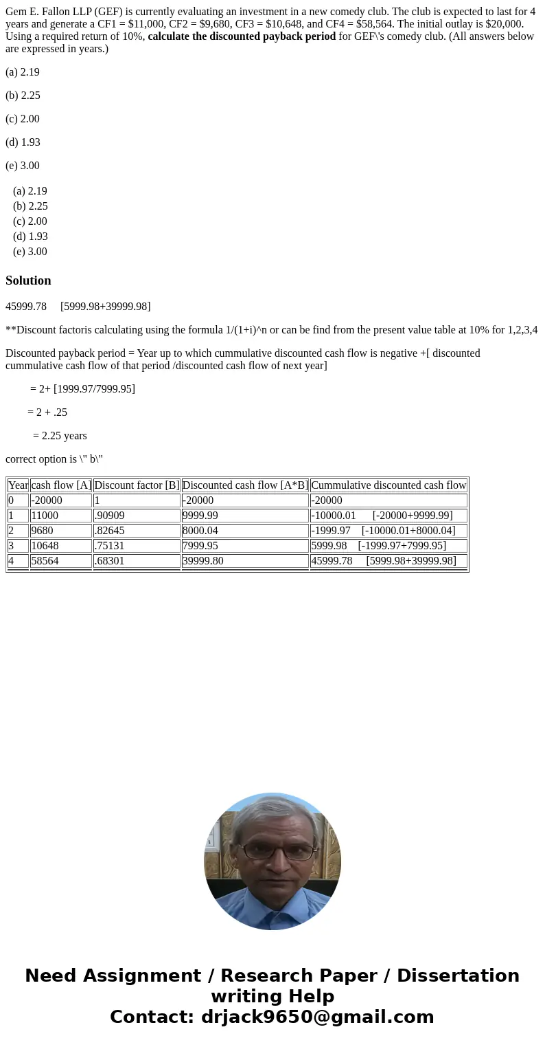 Gem E. Fallon LLP (GEF) is currently evaluating an investment in a new comedy club. The club is expected to last for 4 years and generate a CF1 = $11,000, CF2 = Gem E. Fallon LLP (GEF) is currently evaluating an investment in a new comedy club. The club is expected to last for 4 years and generate a CF1 = $11,000, CF2 =