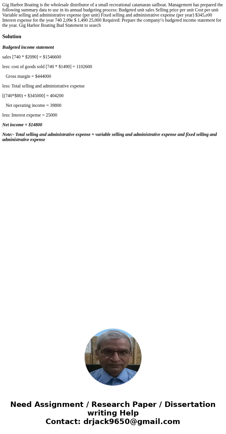 Gig Harbor Boating is the wholesale distributor of a small recreational catamaran sailboat. Management has prepared the following summary data to use in its an  Gig Harbor Boating is the wholesale distributor of a small recreational catamaran sailboat. Management has prepared the following summary data to use in its an