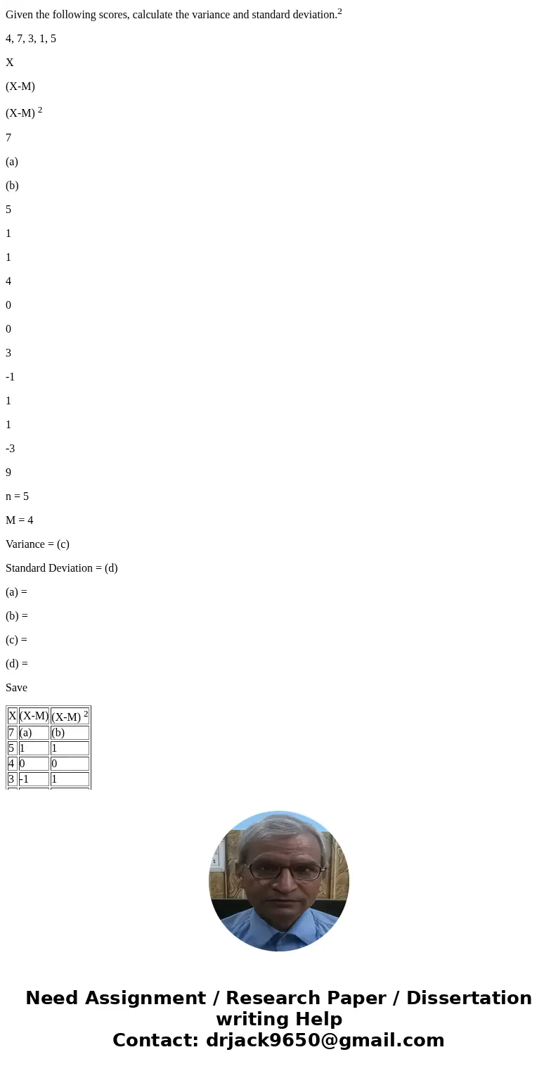 Given the following scores, calculate the variance and standard deviation.2 4, 7, 3, 1, 5 X (X-M) (X-M) 2 7 (a) (b) 5 1 1 4 0 0 3 -1 1 1 -3 9 n = 5 M = 4 Varian Given the following scores, calculate the variance and standard deviation.2 4, 7, 3, 1, 5 X (X-M) (X-M) 2 7 (a) (b) 5 1 1 4 0 0 3 -1 1 1 -3 9 n = 5 M = 4 Varian