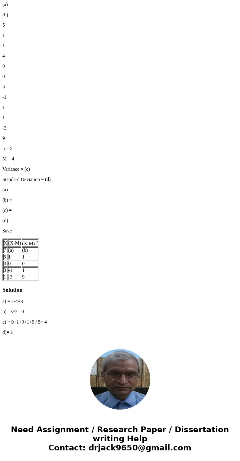 Given the following scores, calculate the variance and standard deviation.2 4, 7, 3, 1, 5 X (X-M) (X-M) 2 7 (a) (b) 5 1 1 4 0 0 3 -1 1 1 -3 9 n = 5 M = 4 Varian Given the following scores, calculate the variance and standard deviation.2 4, 7, 3, 1, 5 X (X-M) (X-M) 2 7 (a) (b) 5 1 1 4 0 0 3 -1 1 1 -3 9 n = 5 M = 4 Varian
