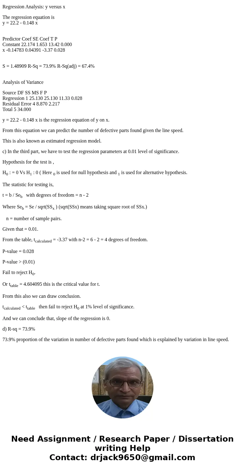 Help please show work, so I can understand, Thanks! In a manufacturing process the assembly line speed (feet per minute) was thought to affect the number of def Help please show work, so I can understand, Thanks! In a manufacturing process the assembly line speed (feet per minute) was thought to affect the number of def