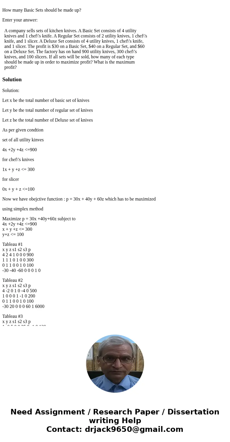  How many Basic Sets should be made up? Enter your answer: A company sells sets of kitchen knives. A Basic Set consists of 4 utility knives and 1 chef\'s knife.