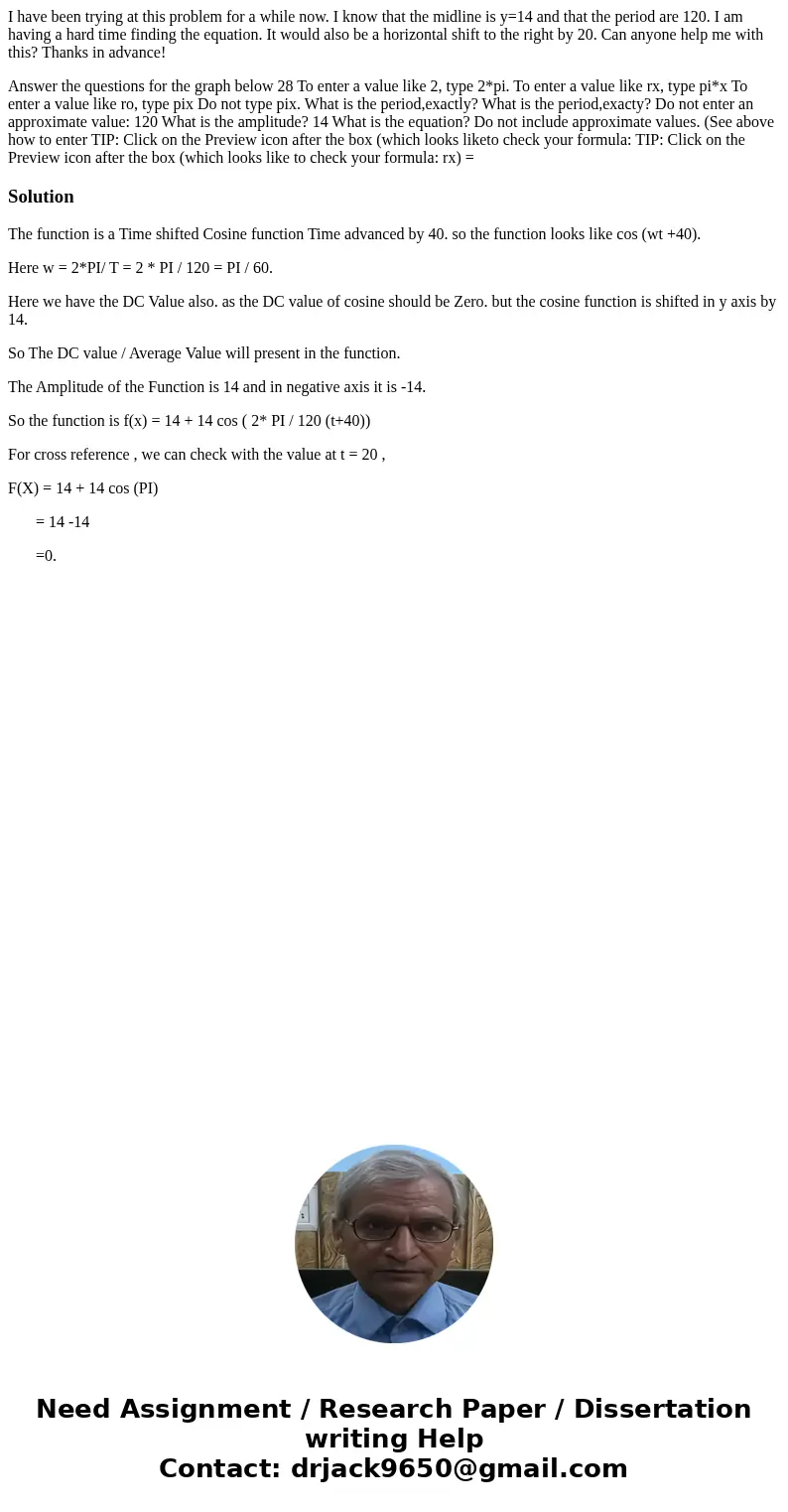 I have been trying at this problem for a while now. I know that the midline is y=14 and that the period are 120. I am having a hard time finding the equation. I I have been trying at this problem for a while now. I know that the midline is y=14 and that the period are 120. I am having a hard time finding the equation. I