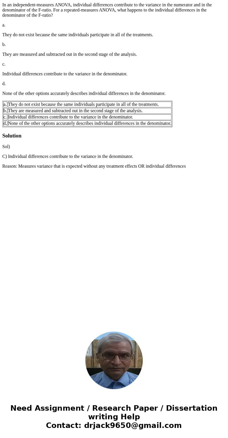 In an independent-measures ANOVA, individual differences contribute to the variance in the numerator and in the denominator of the F-ratio. For a repeated-measu In an independent-measures ANOVA, individual differences contribute to the variance in the numerator and in the denominator of the F-ratio. For a repeated-measu
