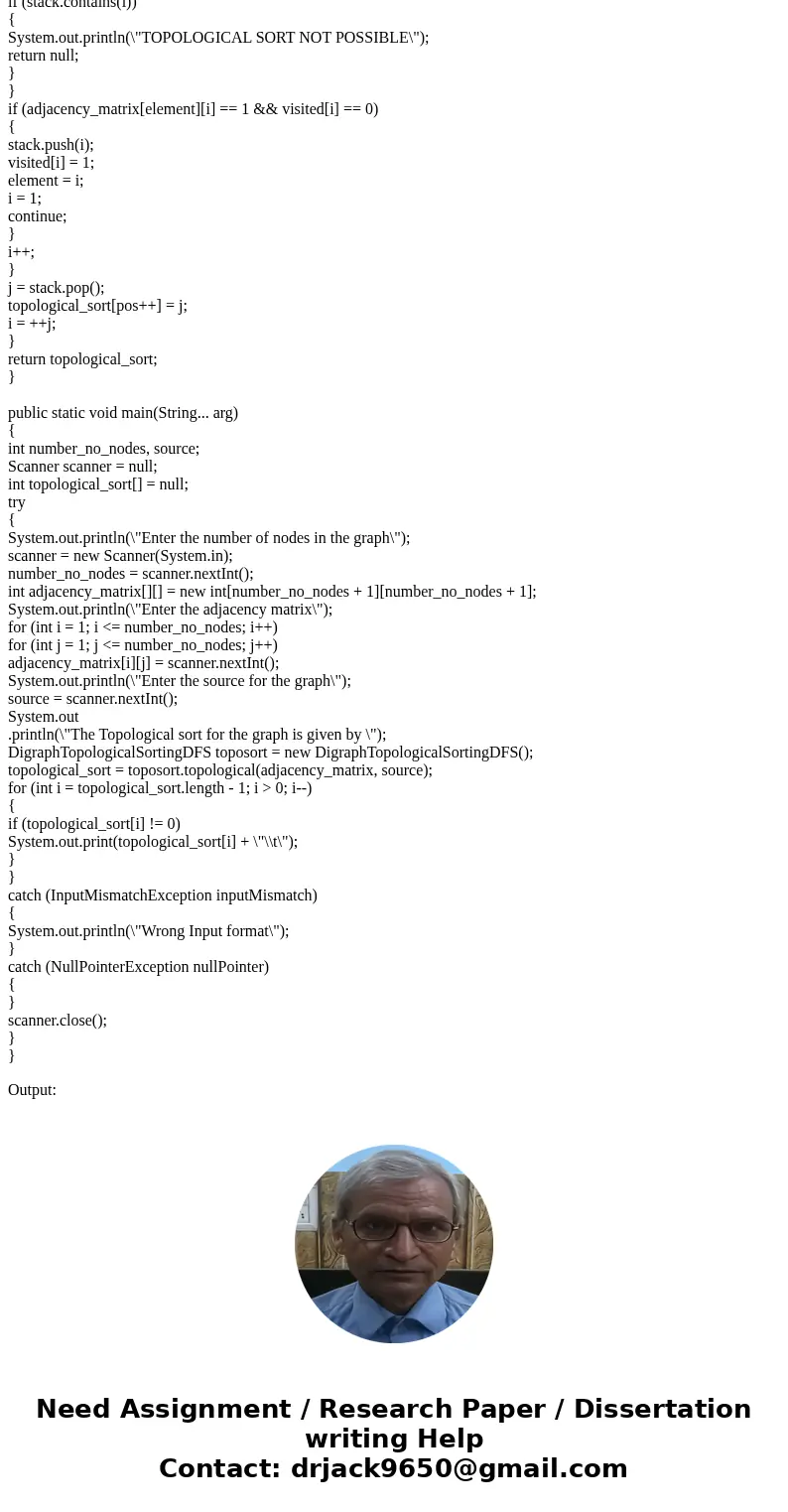In JAVA: Using the Data structure of your choice ( Diagraph API, Diagraph Search, Topological Sort, Kosaraju-Sharie, or Strong Components), write an application In JAVA: Using the Data structure of your choice ( Diagraph API, Diagraph Search, Topological Sort, Kosaraju-Sharie, or Strong Components), write an application