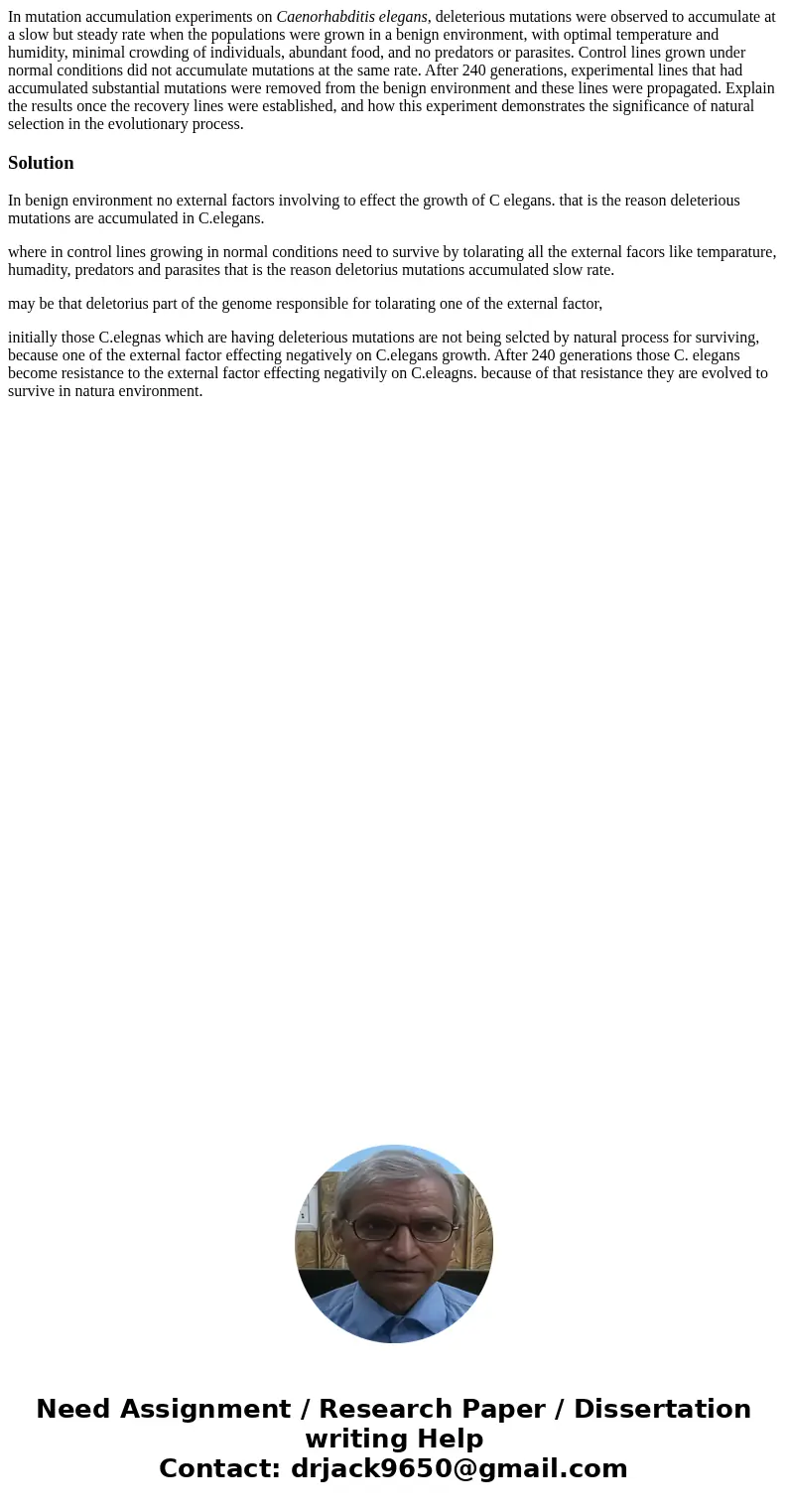 In mutation accumulation experiments on Caenorhabditis elegans, deleterious mutations were observed to accumulate at a slow but steady rate when the populations