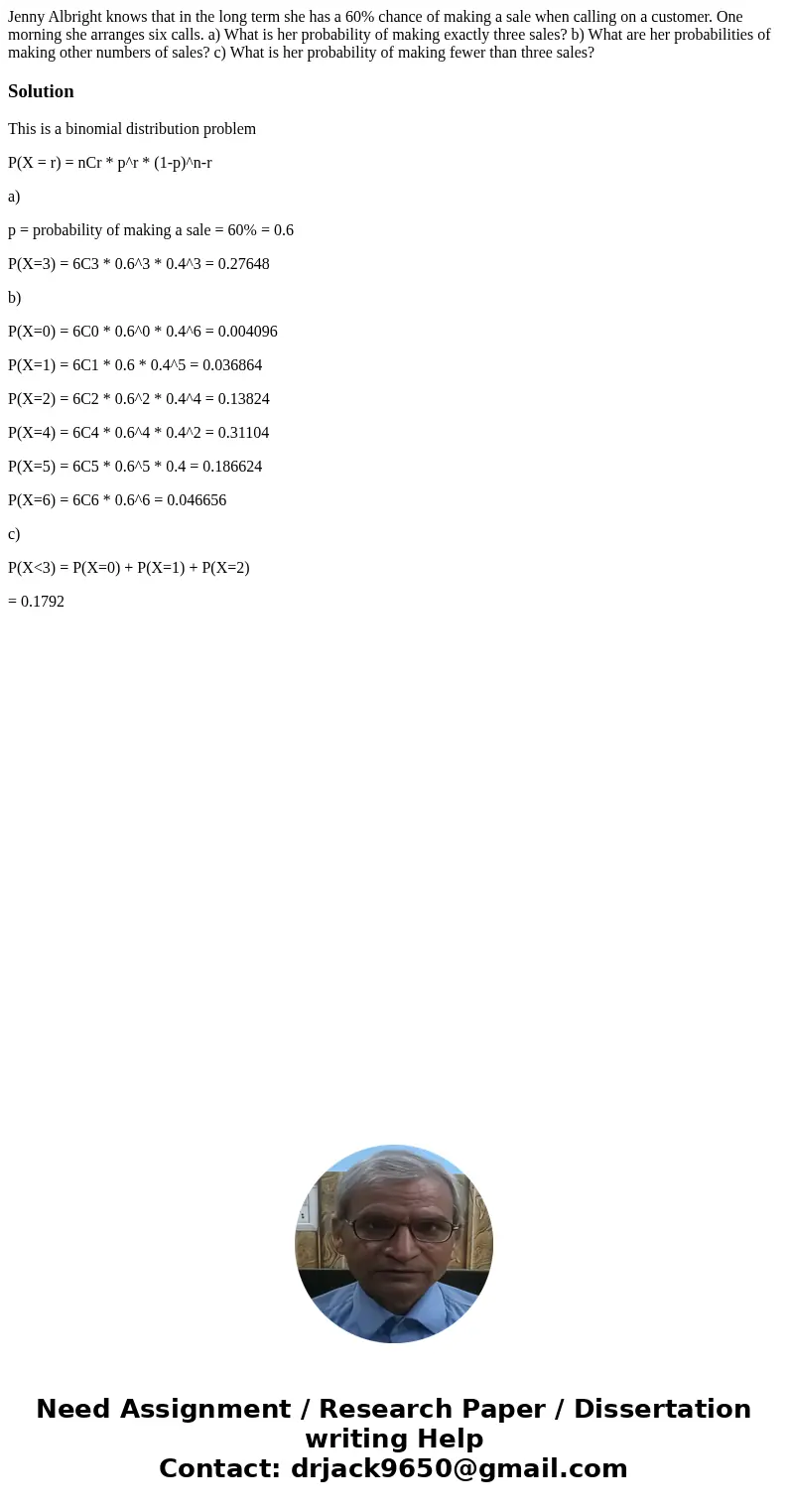  Jenny Albright knows that in the long term she has a 60% chance of making a sale when calling on a customer. One morning she arranges six calls. a) What is her