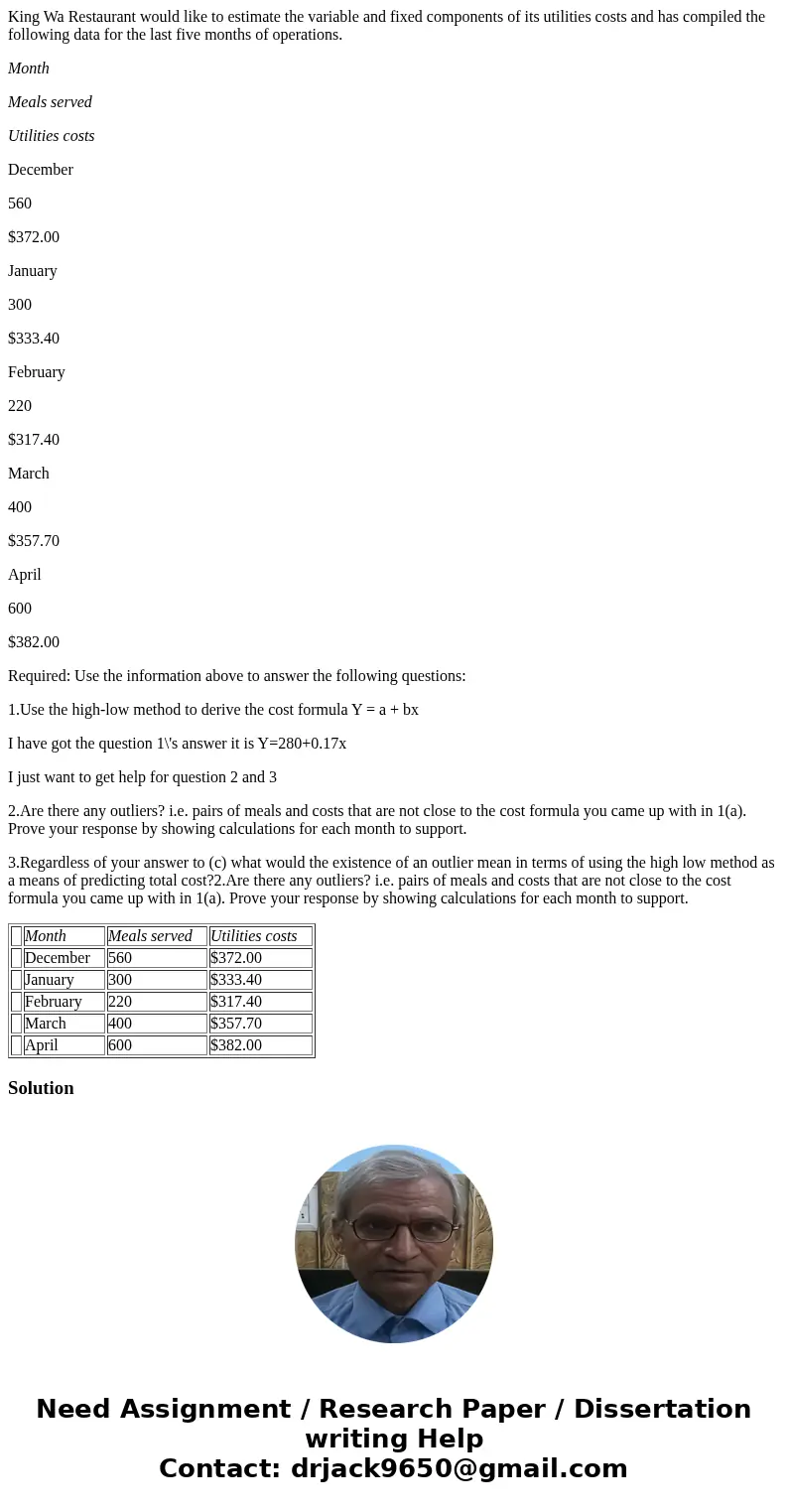 King Wa Restaurant would like to estimate the variable and fixed components of its utilities costs and has compiled the following data for the last five months 
