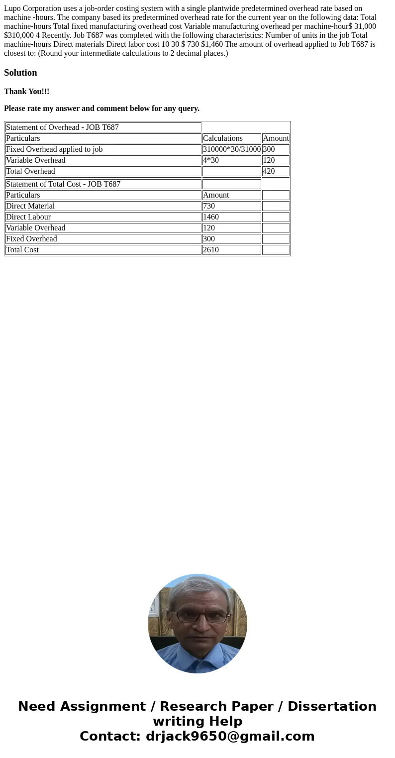  Lupo Corporation uses a job-order costing system with a single plantwide predetermined overhead rate based on machine -hours. The company based its predetermin