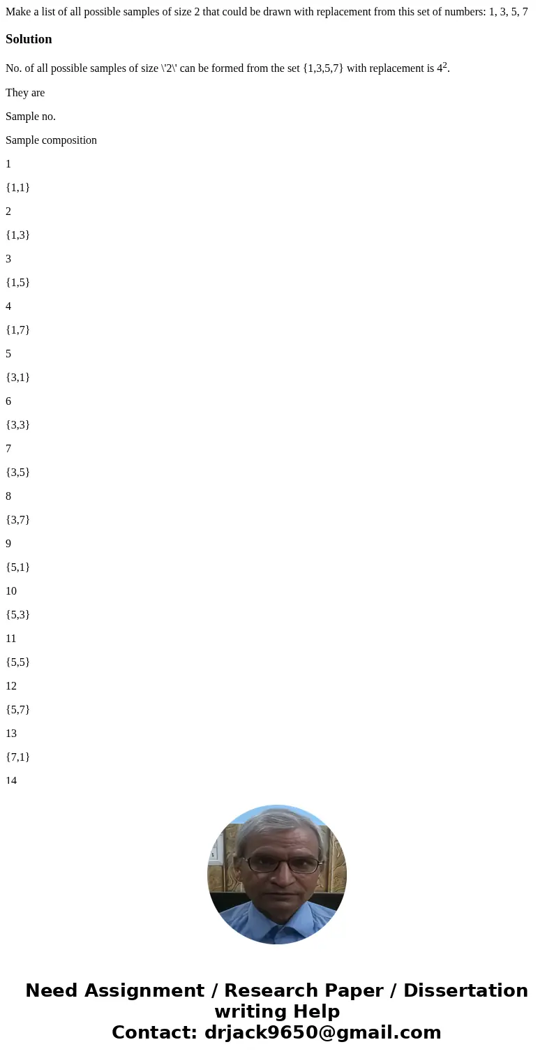 Make a list of all possible samples of size 2 that could be drawn with replacement from this set of numbers: 1, 3, 5, 7SolutionNo. of all possible samples of si Make a list of all possible samples of size 2 that could be drawn with replacement from this set of numbers: 1, 3, 5, 7SolutionNo. of all possible samples of si
