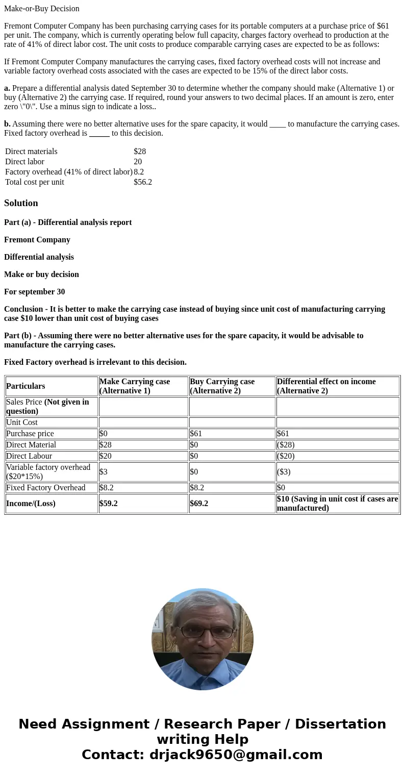 Make-or-Buy Decision Fremont Computer Company has been purchasing carrying cases for its portable computers at a purchase price of $61 per unit. The company, wh Make-or-Buy Decision Fremont Computer Company has been purchasing carrying cases for its portable computers at a purchase price of $61 per unit. The company, wh