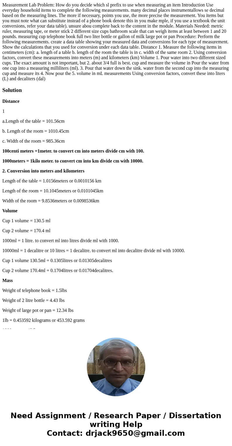  Measurement Lab Problem: How do you decide which sl prefix to use when measuring an item Introduction Use everyday household items to complete the following me