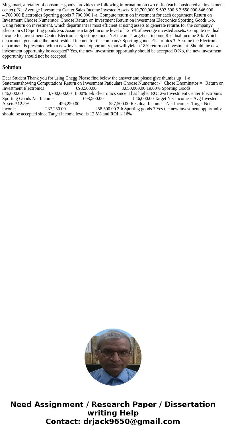  Megamart, a retailer of consumer goods, provides the following information on two of its (each considered an investment center). Net Average Investment Center 