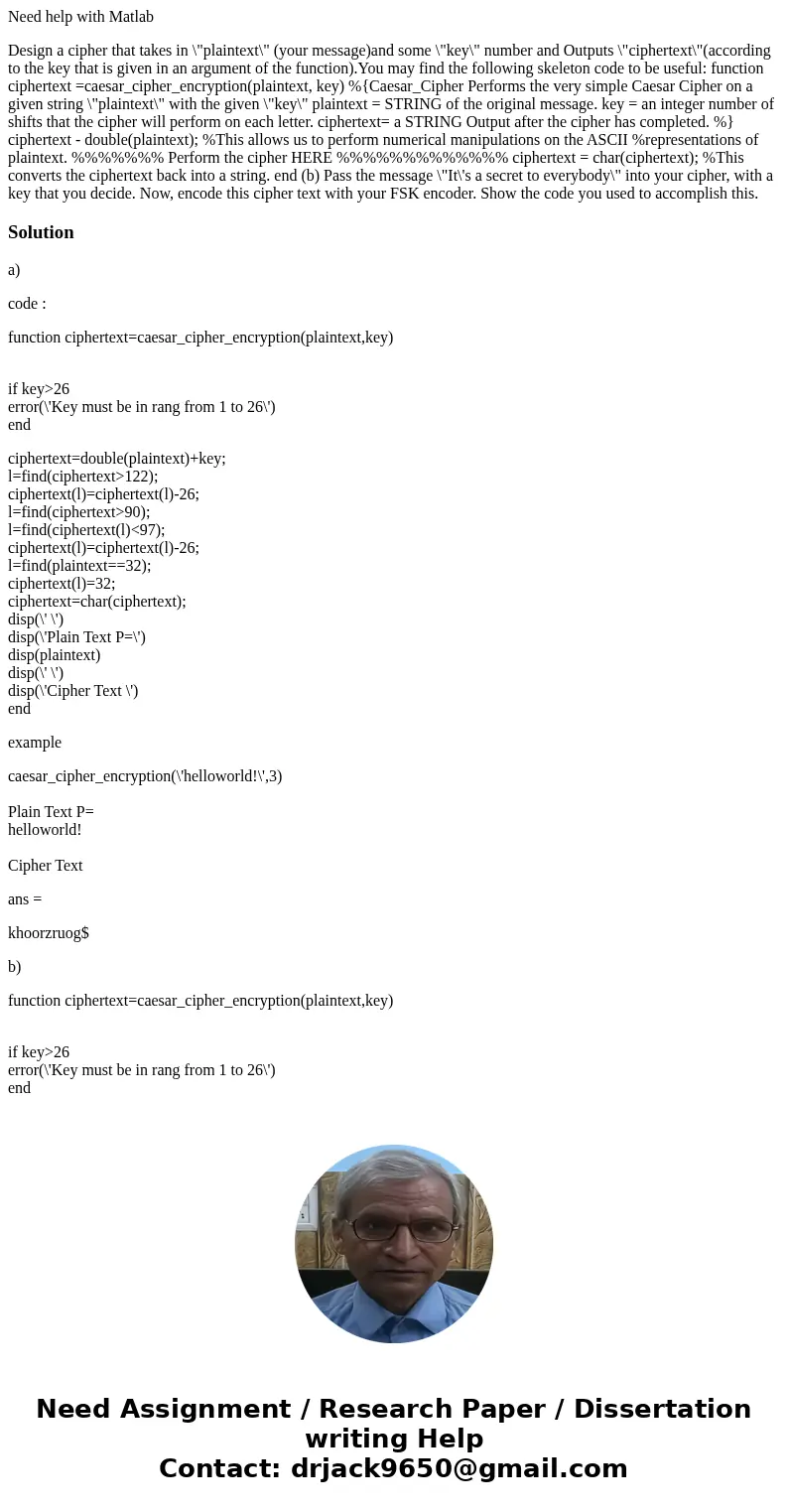 Need help with Matlab Design a cipher that takes in \ Need help with Matlab Design a cipher that takes in \