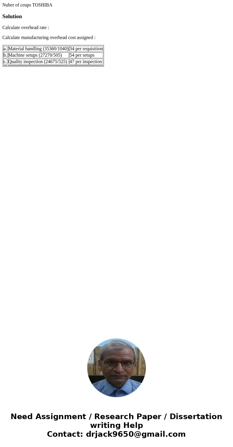 Nuber of ceups TOSHIBA SolutionCalculate overhead rate : Calculate manufacturing overhead cost assigned : a. Material handling (35360/1040) 34 per requisition   Nuber of ceups TOSHIBA SolutionCalculate overhead rate : Calculate manufacturing overhead cost assigned : a. Material handling (35360/1040) 34 per requisition