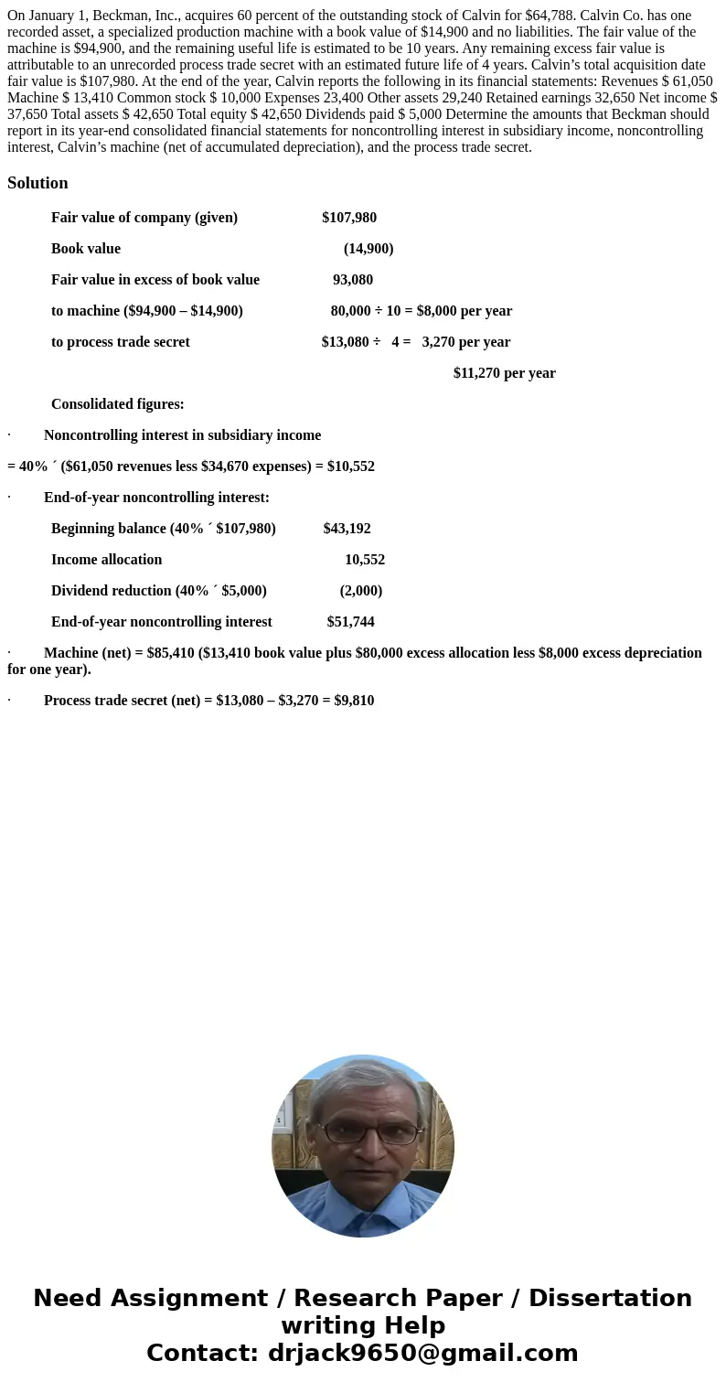 On January 1, Beckman, Inc., acquires 60 percent of the outstanding stock of Calvin for $64,788. Calvin Co. has one recorded asset, a specialized production mac On January 1, Beckman, Inc., acquires 60 percent of the outstanding stock of Calvin for $64,788. Calvin Co. has one recorded asset, a specialized production mac