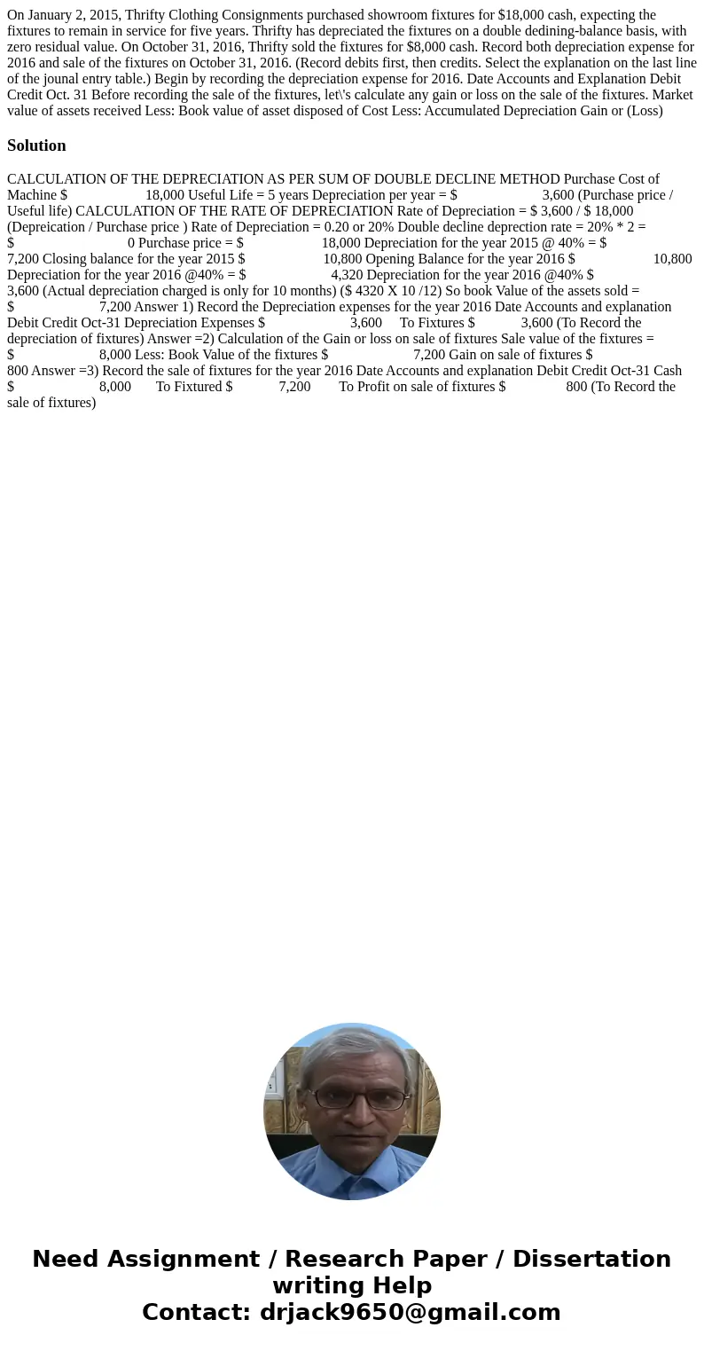 On January 2, 2015, Thrifty Clothing Consignments purchased showroom fixtures for $18,000 cash, expecting the fixtures to remain in service for five years. Thr  On January 2, 2015, Thrifty Clothing Consignments purchased showroom fixtures for $18,000 cash, expecting the fixtures to remain in service for five years. Thr