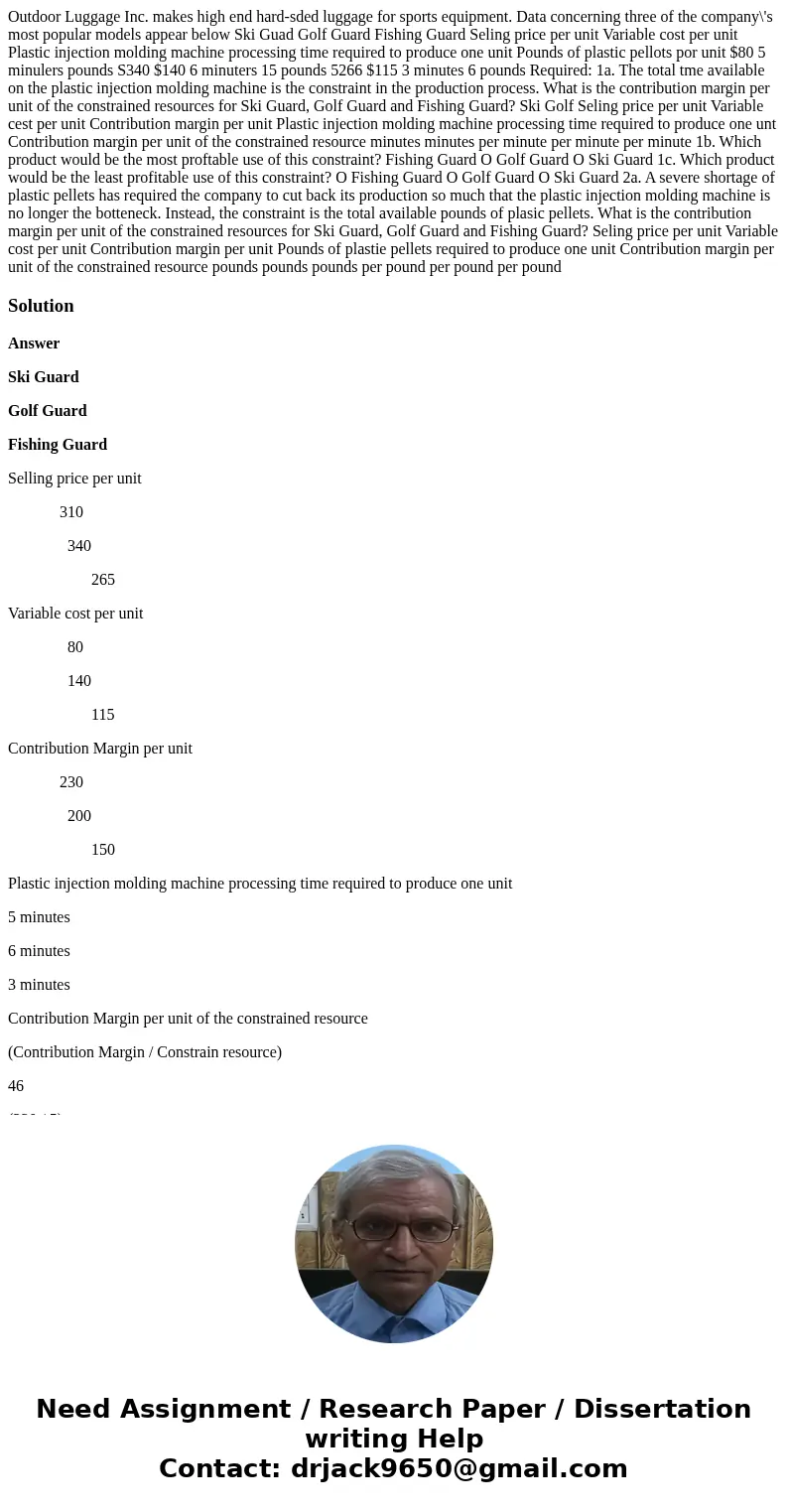 Outdoor Luggage Inc. makes high end hard-sded luggage for sports equipment. Data concerning three of the company\'s most popular models appear below Ski Guad G  Outdoor Luggage Inc. makes high end hard-sded luggage for sports equipment. Data concerning three of the company\'s most popular models appear below Ski Guad G