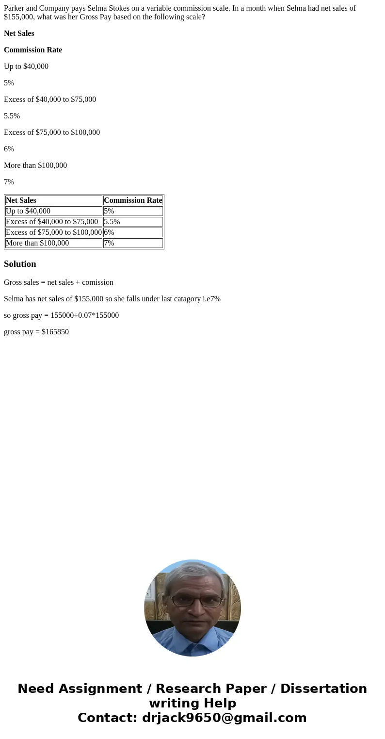 Parker and Company pays Selma Stokes on a variable commission scale. In a month when Selma had net sales of $155,000, what was her Gross Pay based on the follow Parker and Company pays Selma Stokes on a variable commission scale. In a month when Selma had net sales of $155,000, what was her Gross Pay based on the follow