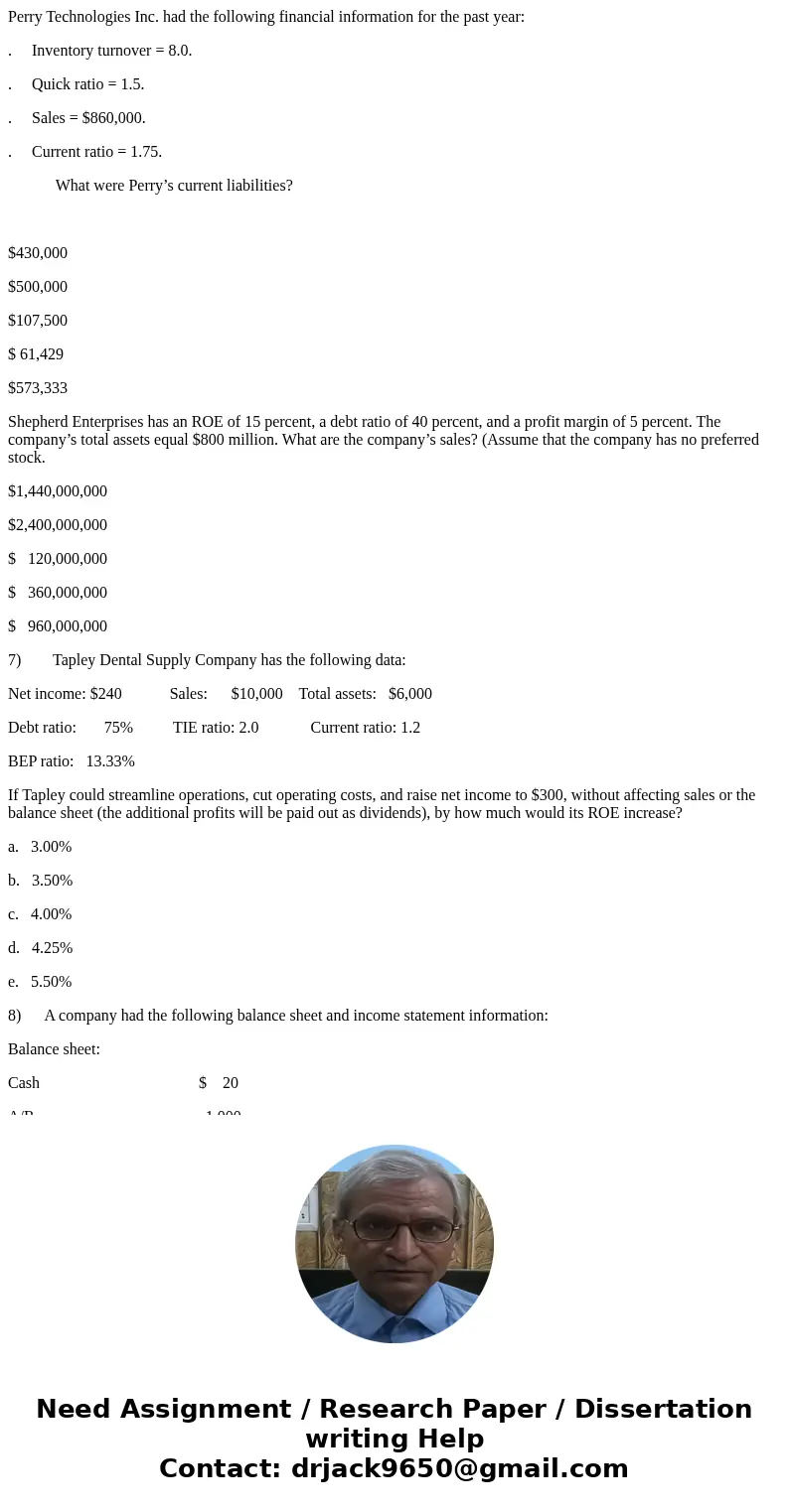 Perry Technologies Inc. had the following financial information for the past year: . Inventory turnover = 8.0. . Quick ratio = 1.5. . Sales = $860,000. . Curren Perry Technologies Inc. had the following financial information for the past year: . Inventory turnover = 8.0. . Quick ratio = 1.5. . Sales = $860,000. . Curren