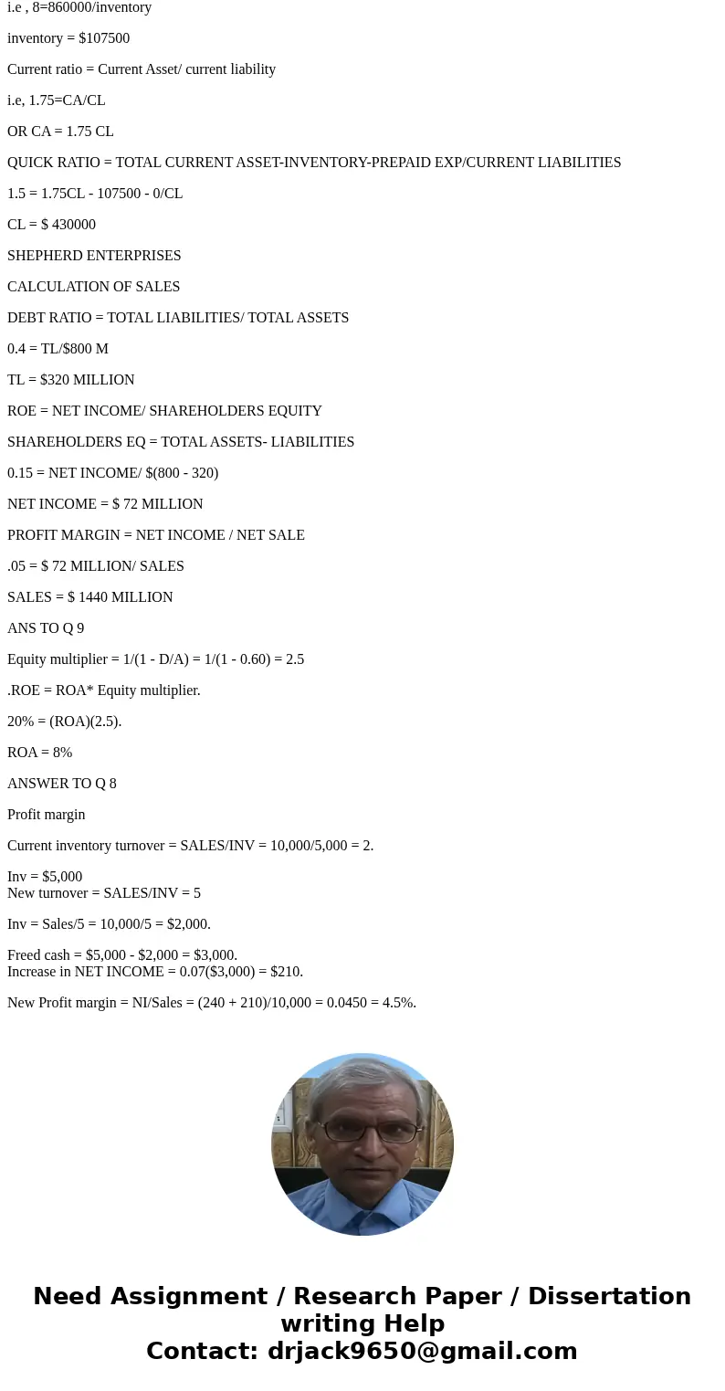Perry Technologies Inc. had the following financial information for the past year: . Inventory turnover = 8.0. . Quick ratio = 1.5. . Sales = $860,000. . Curren Perry Technologies Inc. had the following financial information for the past year: . Inventory turnover = 8.0. . Quick ratio = 1.5. . Sales = $860,000. . Curren