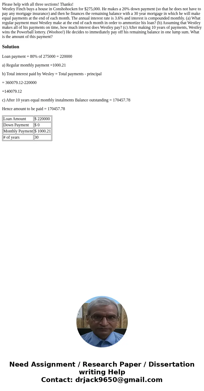Please help with all three sections! Thanks! Westley Finch buys a house in Conshohocken for $275,000. He makes a 20% down payment (so that he does not have to p Please help with all three sections! Thanks! Westley Finch buys a house in Conshohocken for $275,000. He makes a 20% down payment (so that he does not have to p